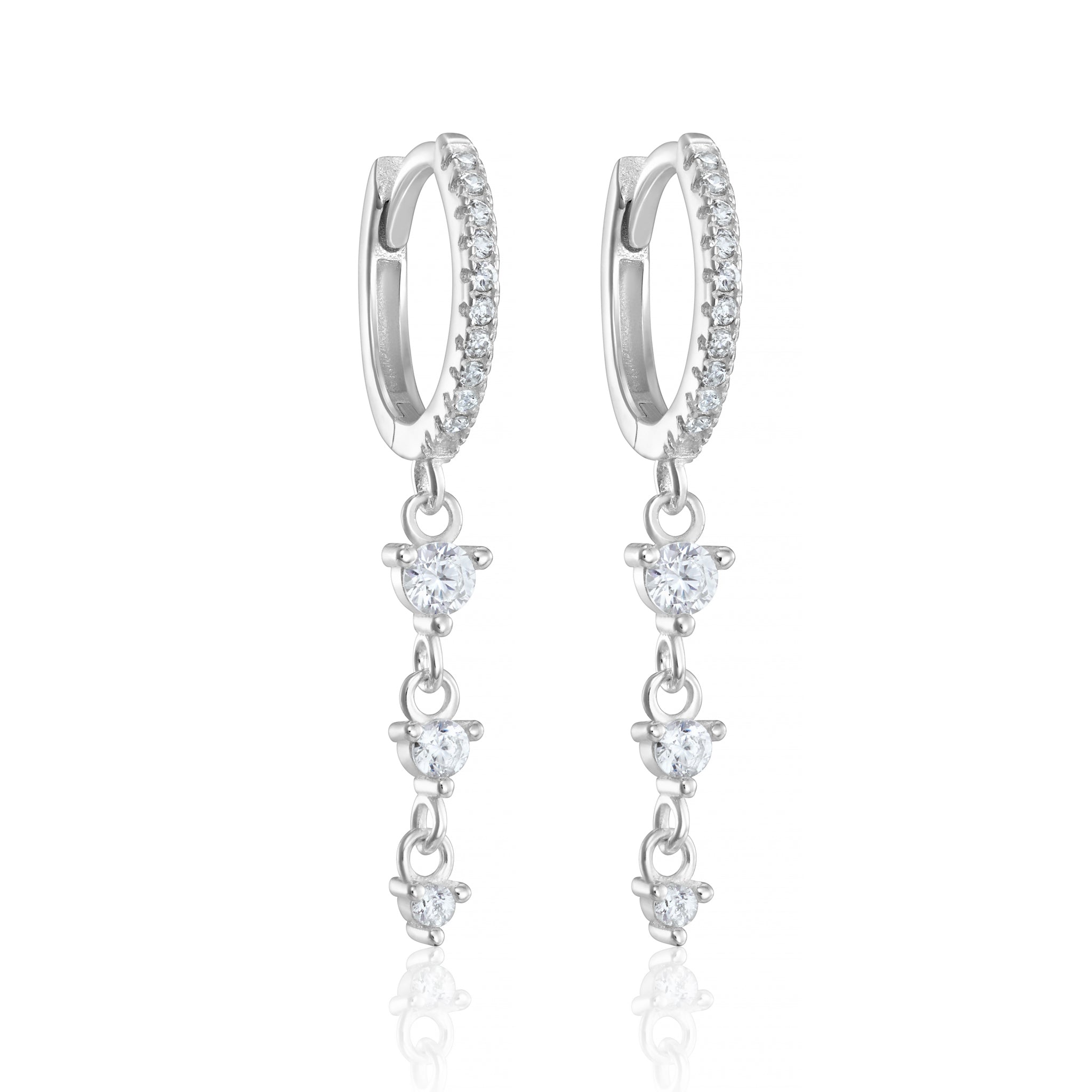 Sterling Silver Huggie Hoop Earrings Featuring a Graduated Trio of Cubic Zirconia Drops