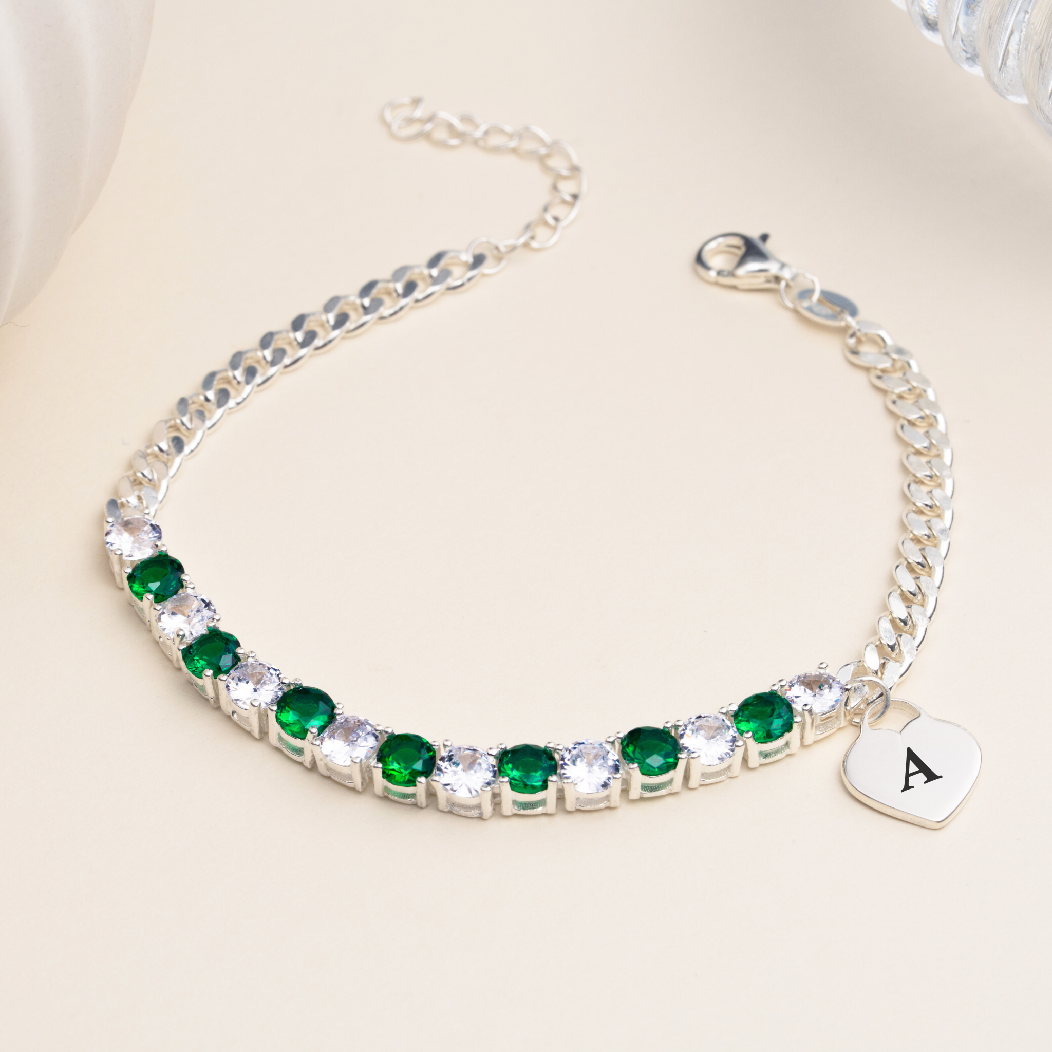 Sterling Silver Engraved Heart Charm Tennis Bracelet with Gemstones