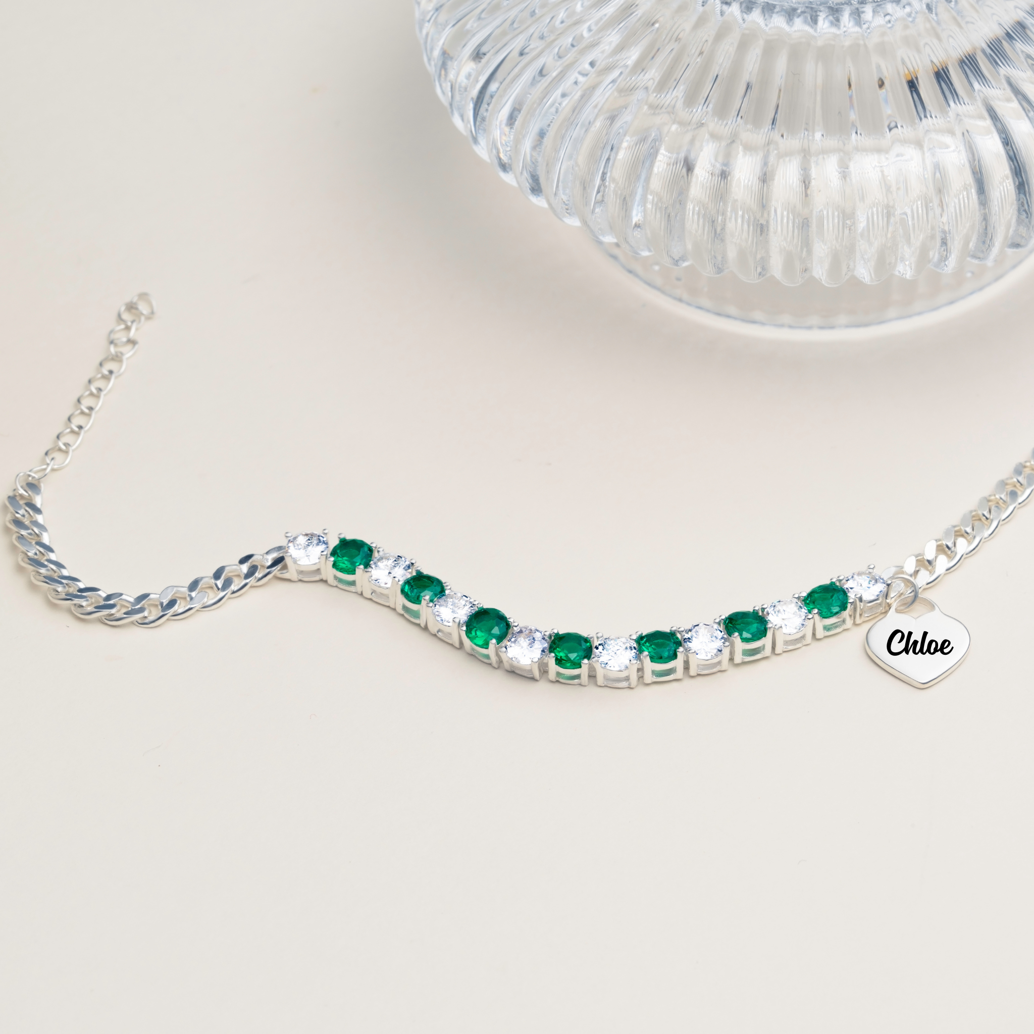 Sterling Silver Engraved Heart Charm Tennis Bracelet with Gemstones