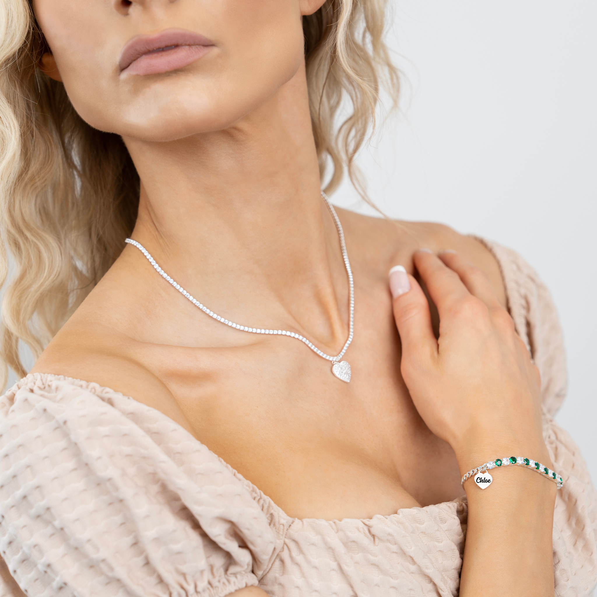 Sterling Silver Engraved Heart Charm Tennis Bracelet with Gemstones