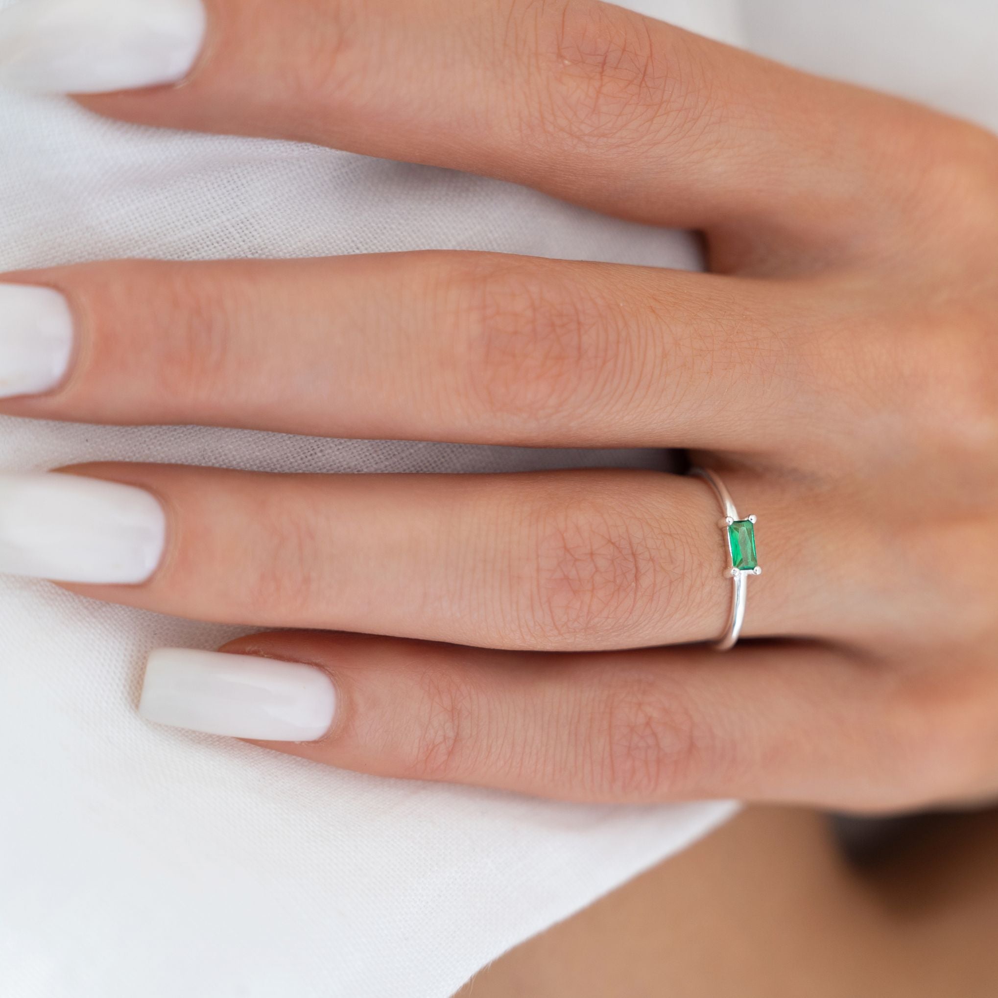 Sterling Silver Ring with Emerald Glass Baguette