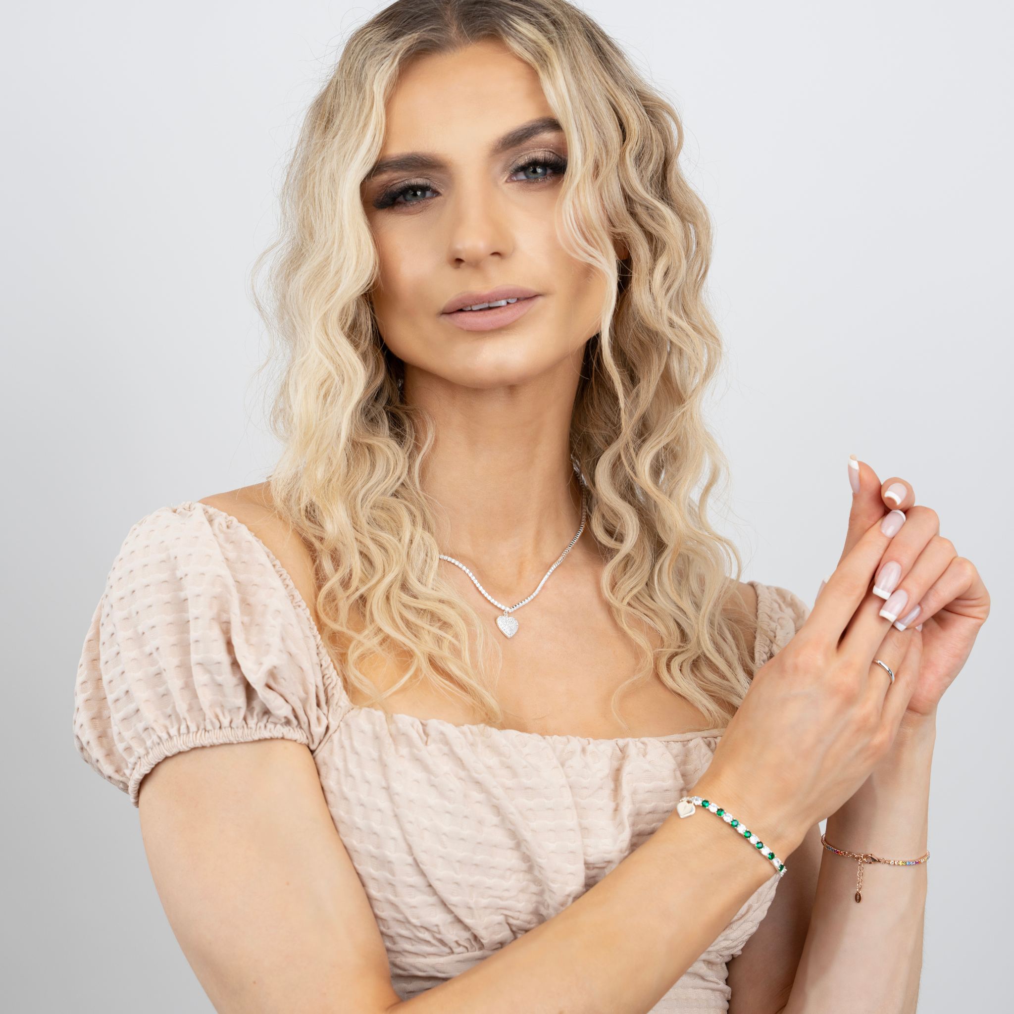 Sterling Silver Engraved Heart Charm Tennis Bracelet with Gemstones