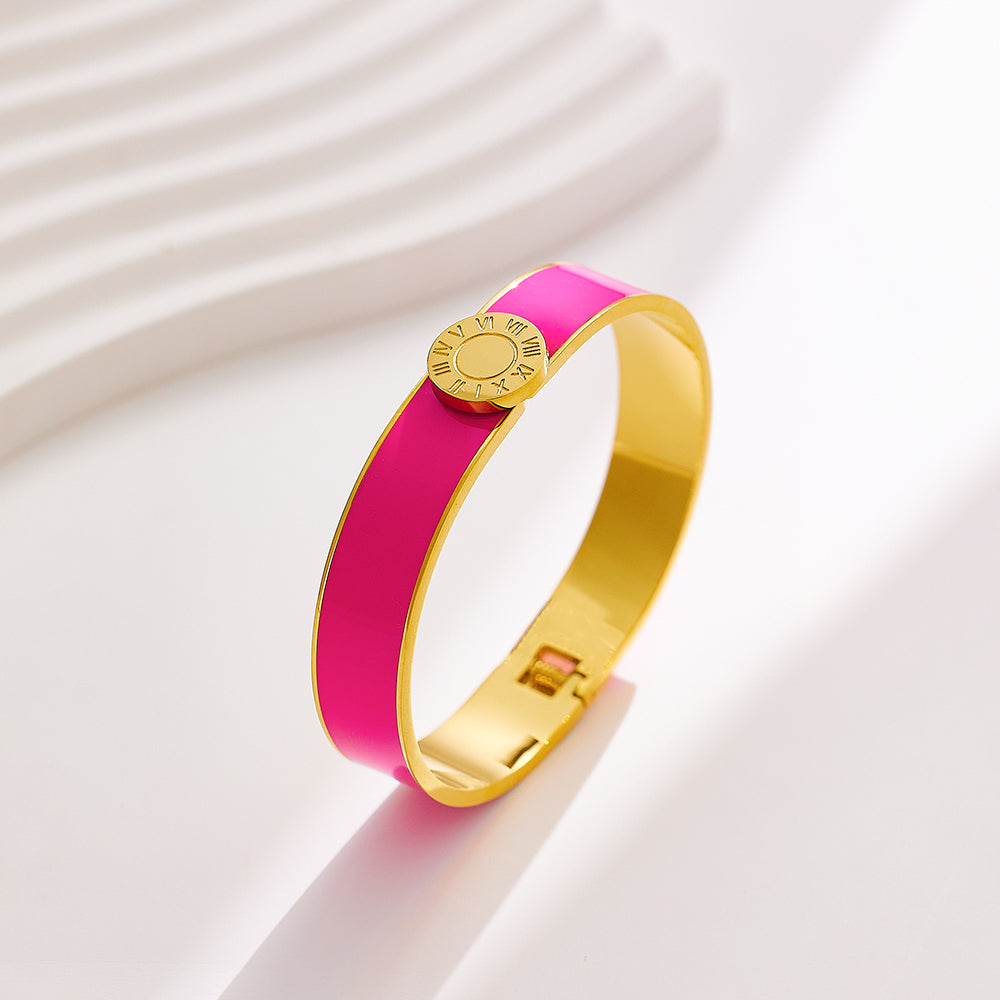 Pink Enamel Wide Bangle (Gold)