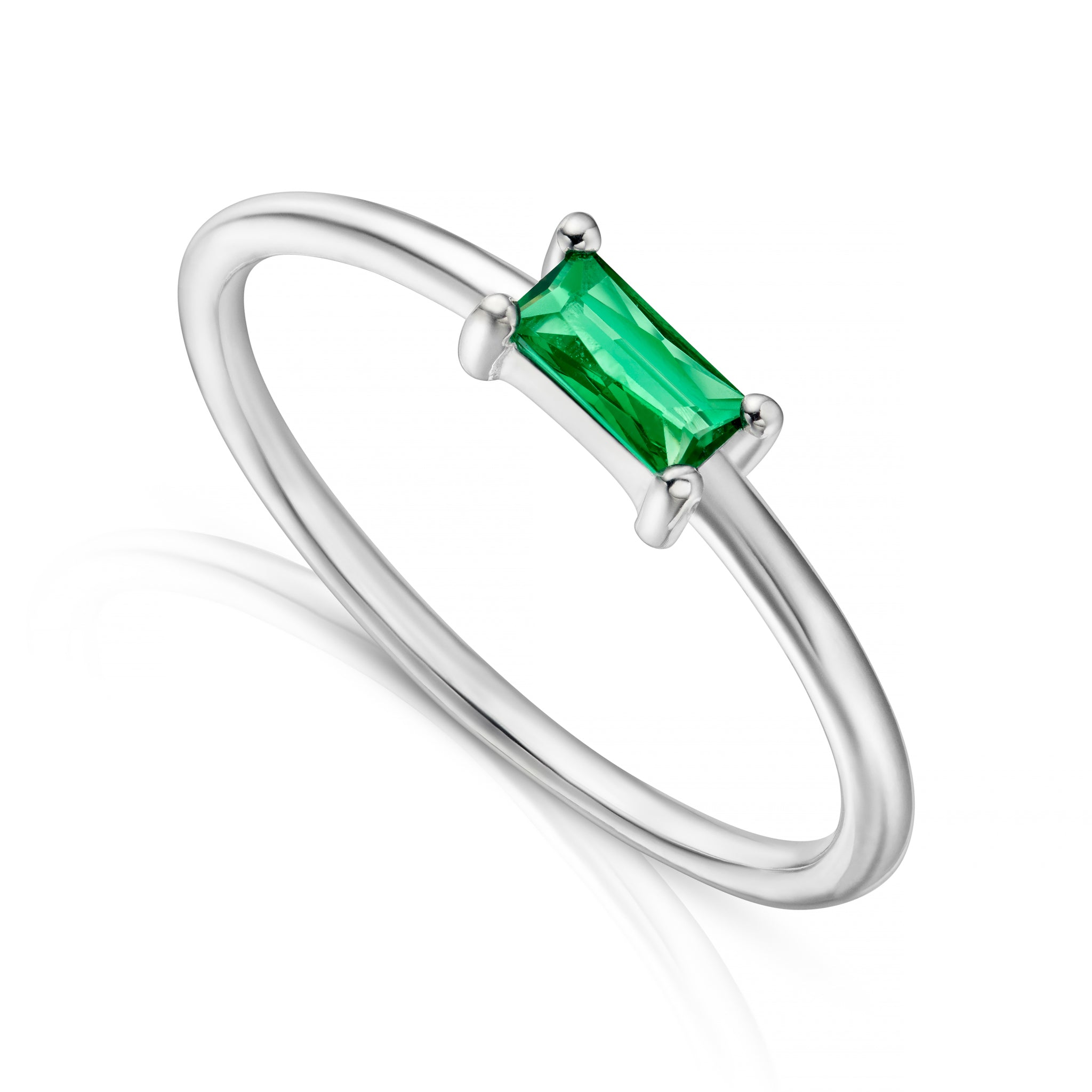 Sterling Silver Ring with Emerald Glass Baguette