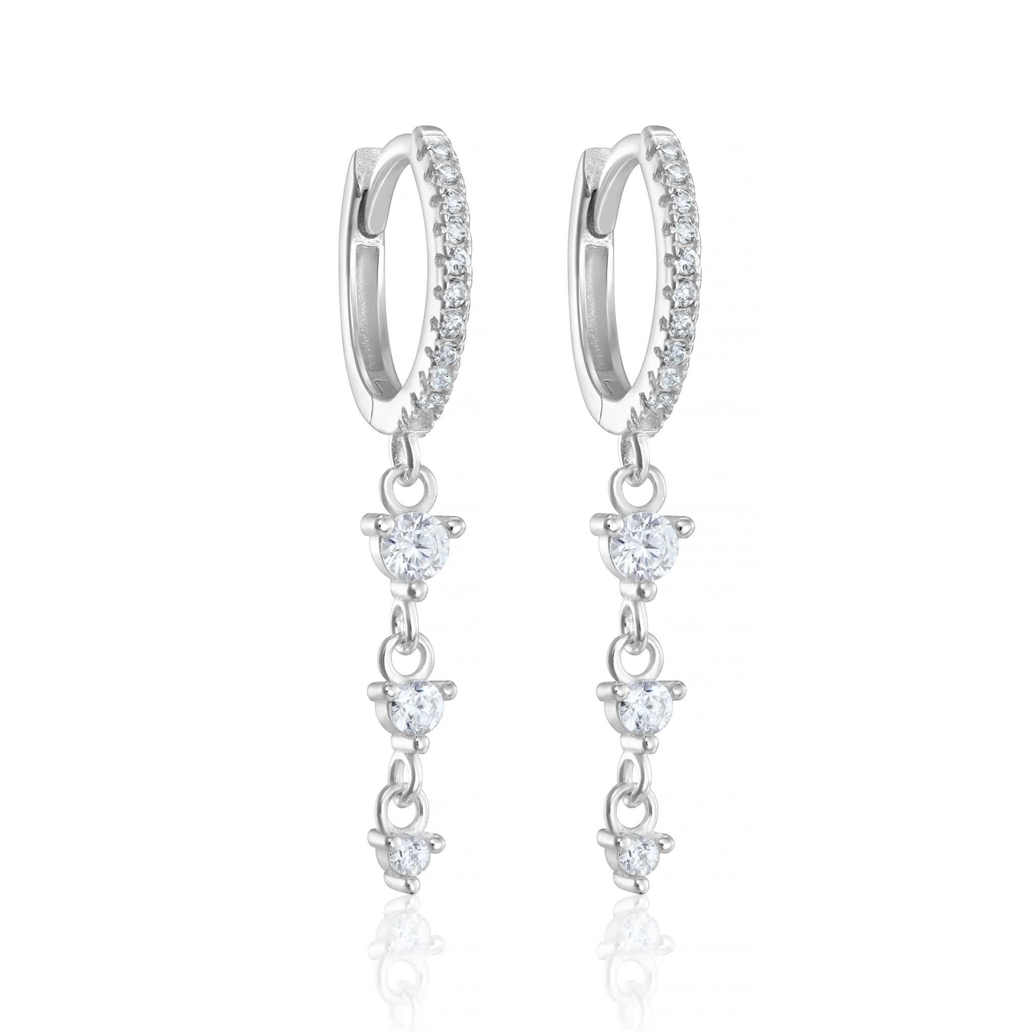 Sterling Silver Huggie Hoop Earrings Featuring a Graduated Trio of Cubic Zirconia Drops