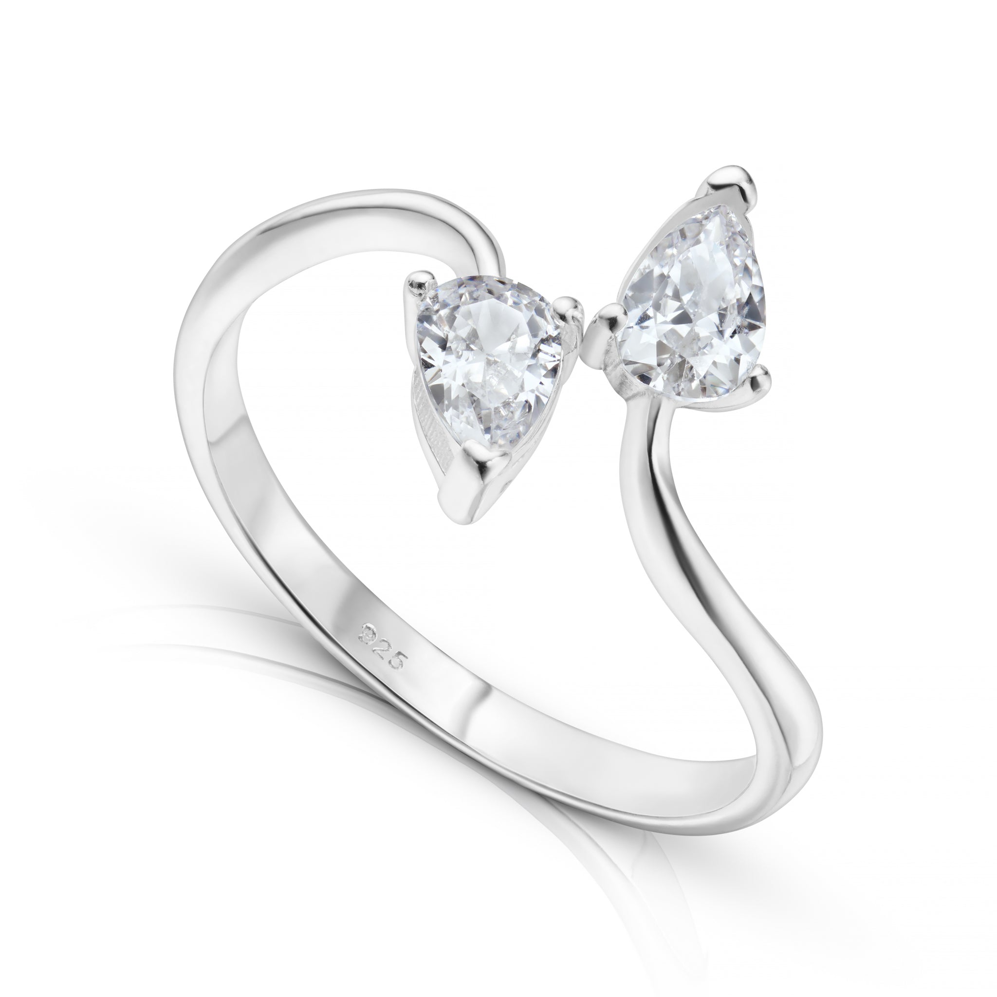 Split Shank Sterling Silver Ring with Cubic Zirconia Pears