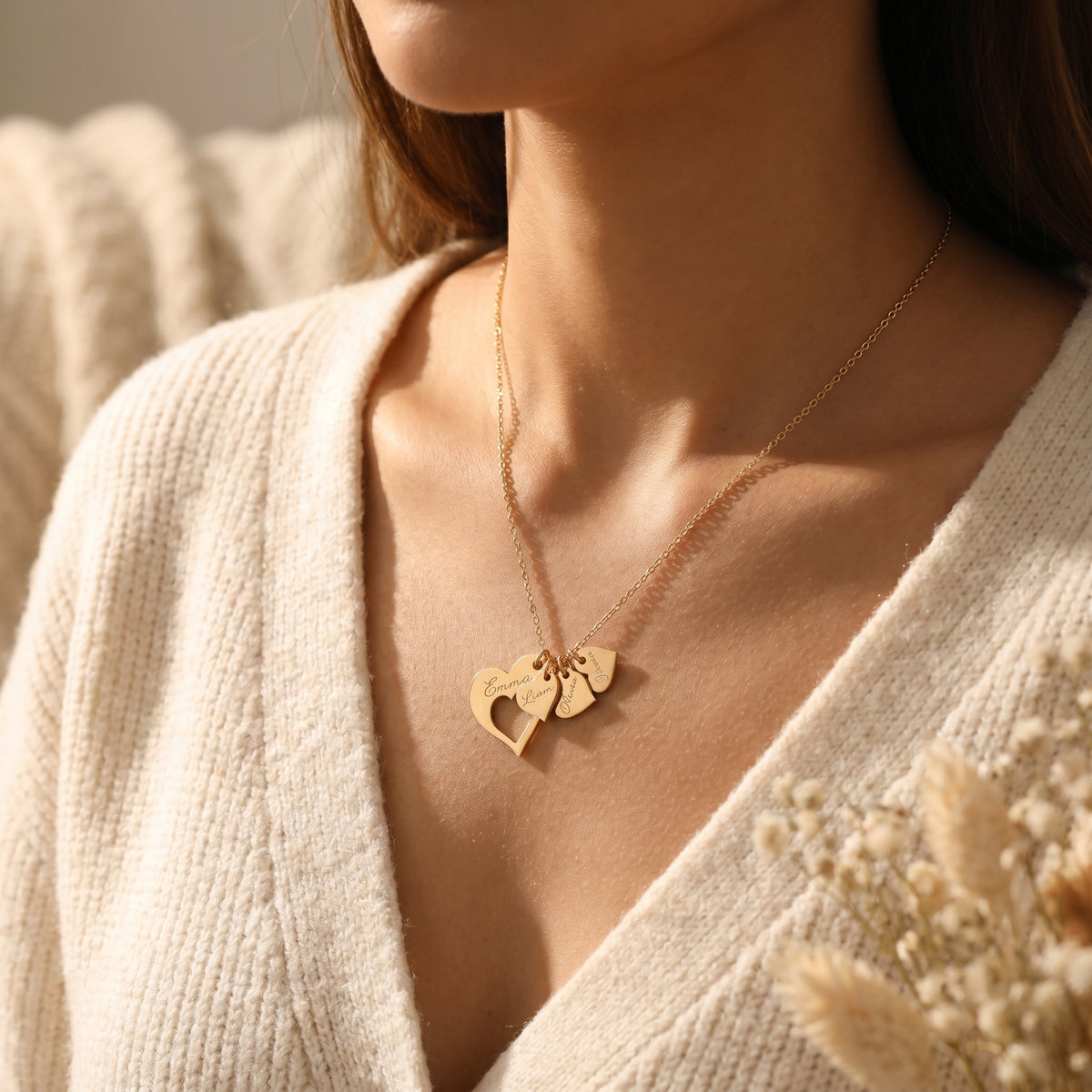 Personalised Family Heart Necklace – Mum & Children Name Necklace