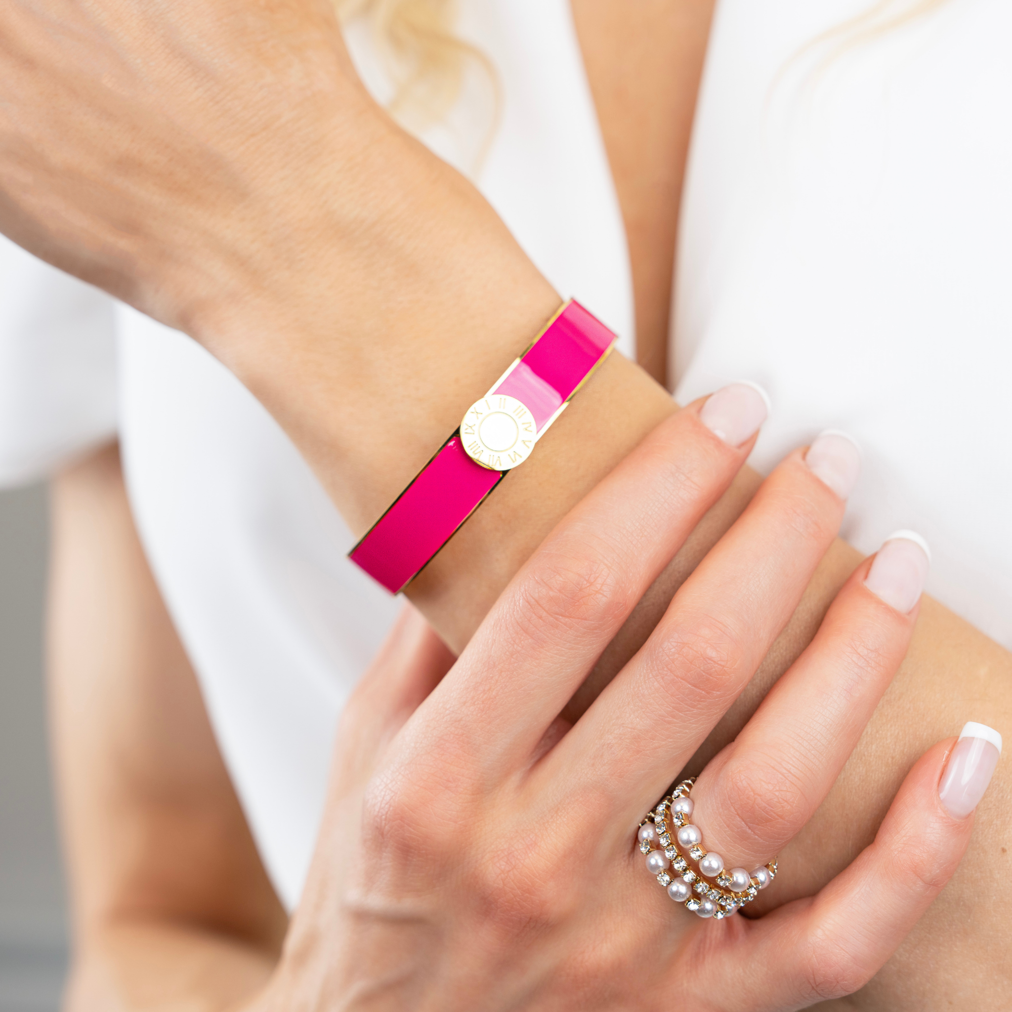 Pink Enamel Wide Bangle (Gold)