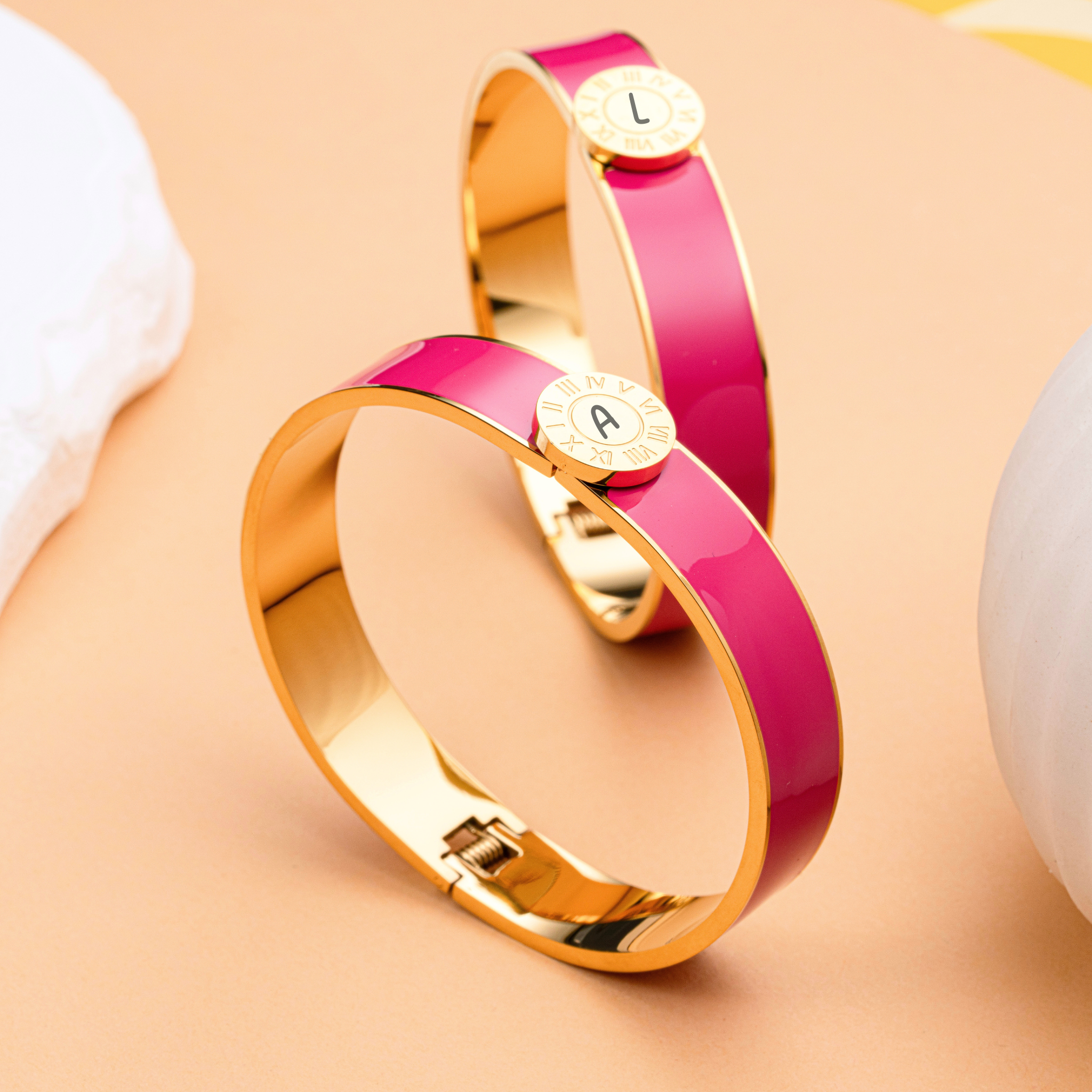 Pink Enamel Wide Bangle (Gold)