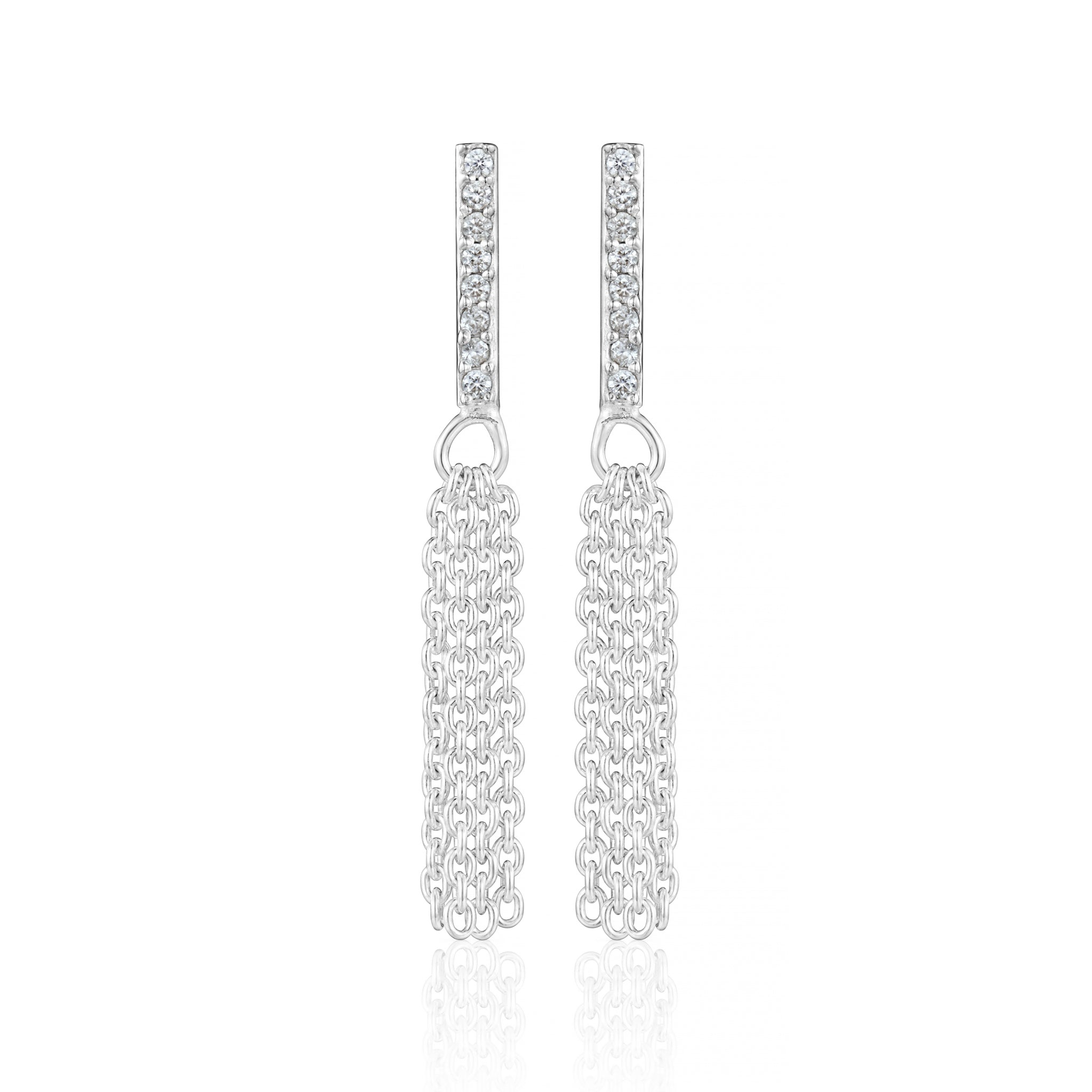 Sterling Silver Tassel Drop Earrings Adorned with White Cubic Zirconia Bar