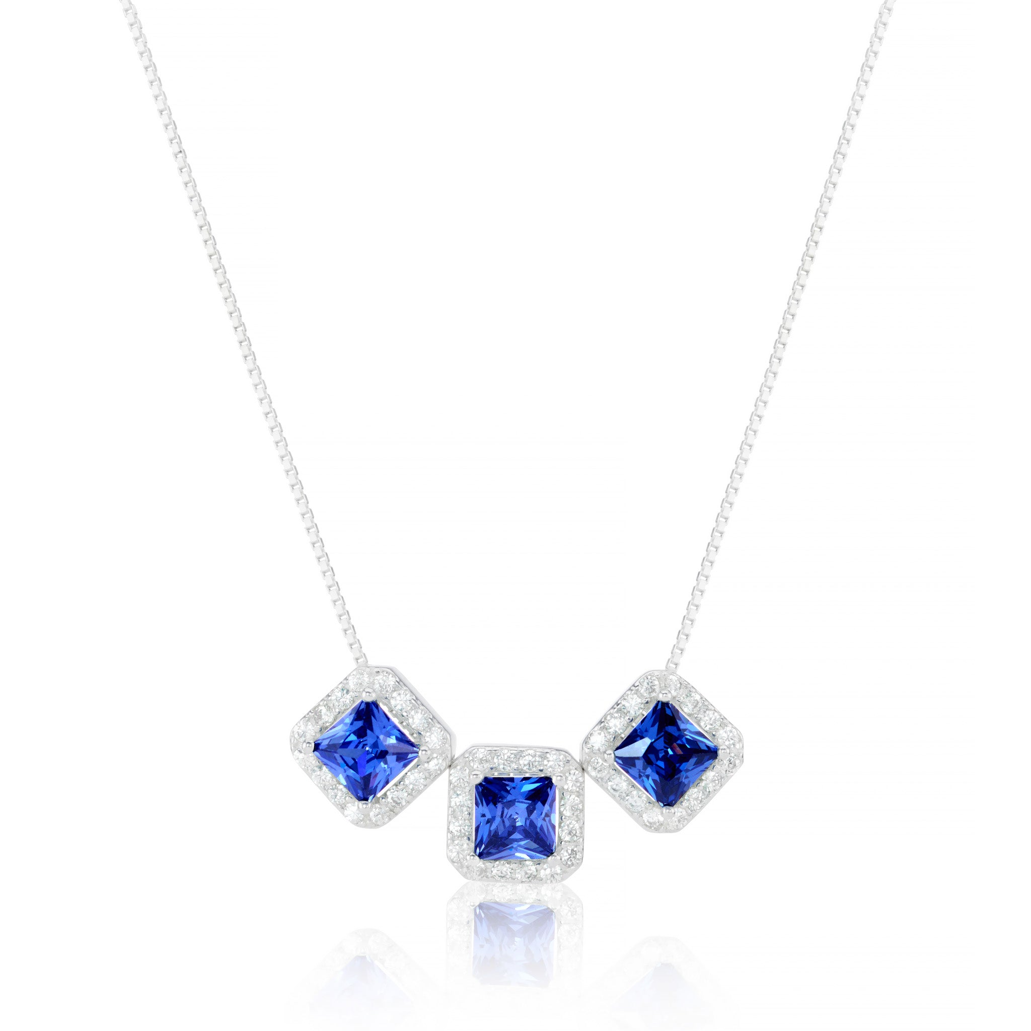 Elegant Trio Gemstone Sterling Silver Necklace with Cubic Zirconia Halo