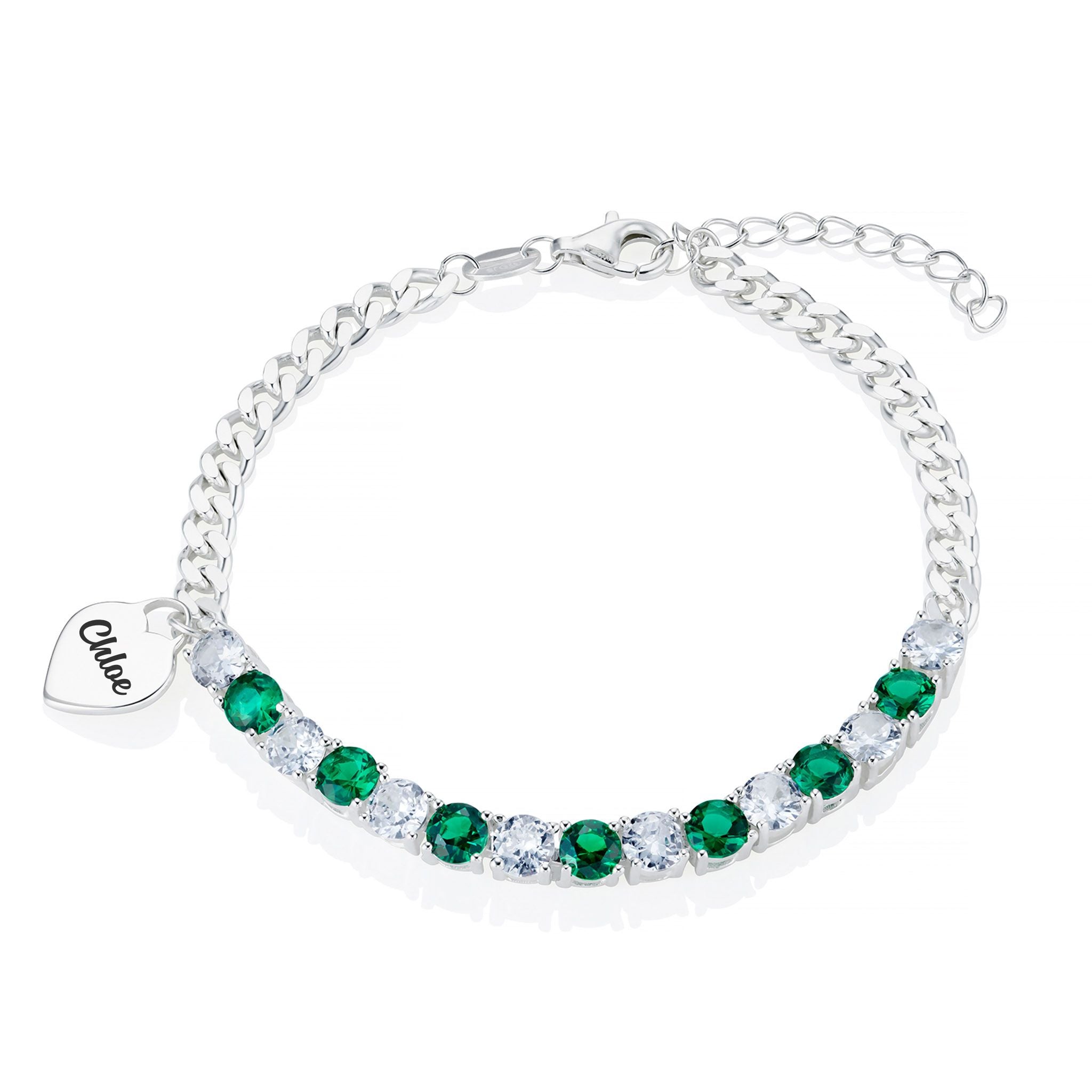 Sterling Silver Engraved Heart Charm Tennis Bracelet with Gemstones
