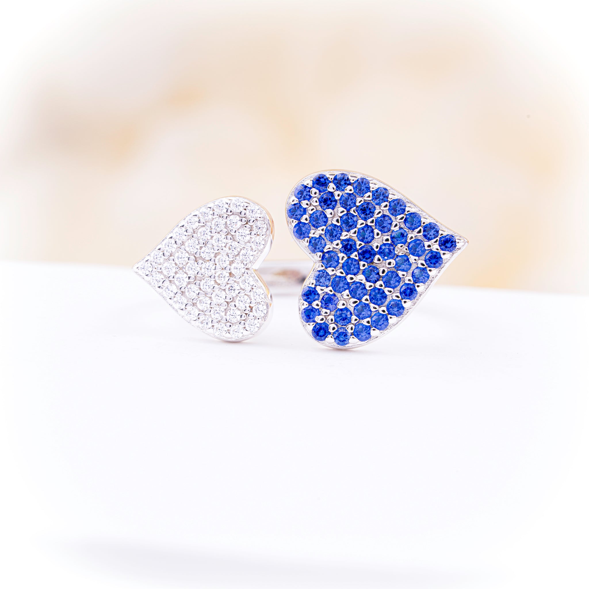 Double Heart Ring with Blue and White Zirconia