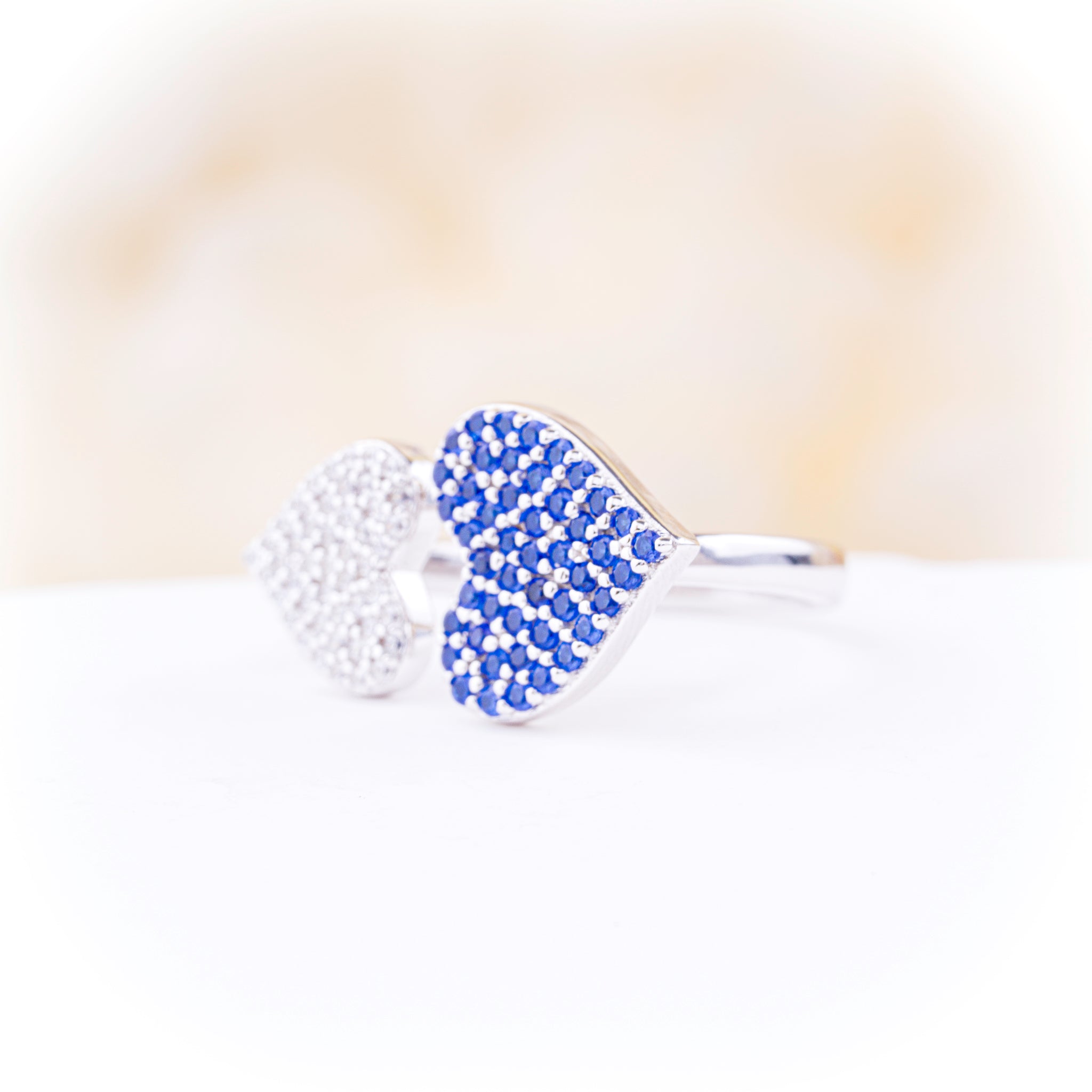 Double Heart Ring with Blue and White Zirconia