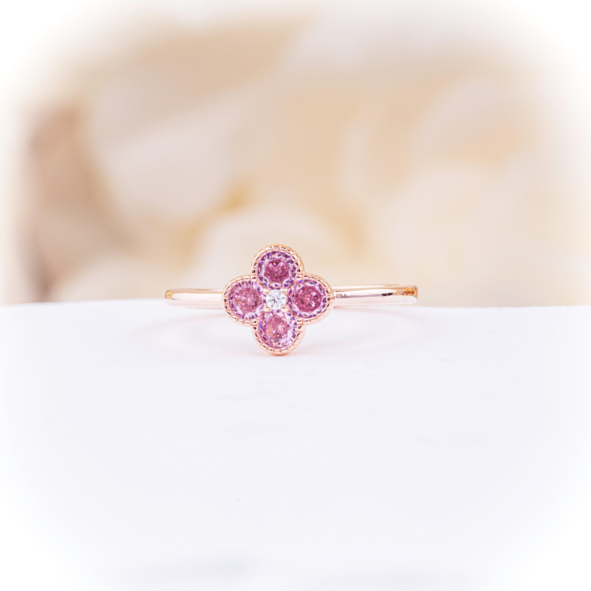 Four-Leaf Clover Ring with Pink Zirconia