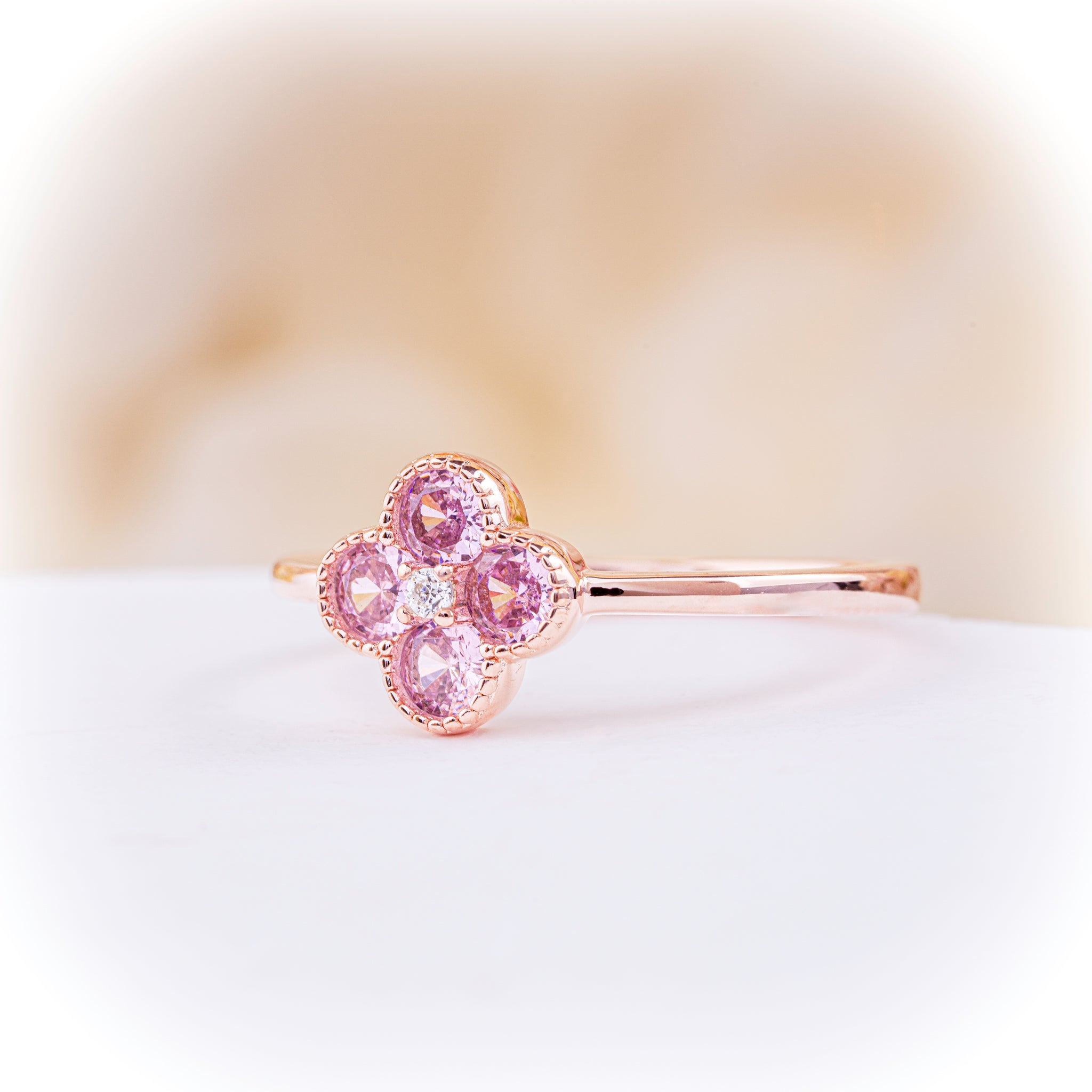 Four-Leaf Clover Ring with Pink Zirconia