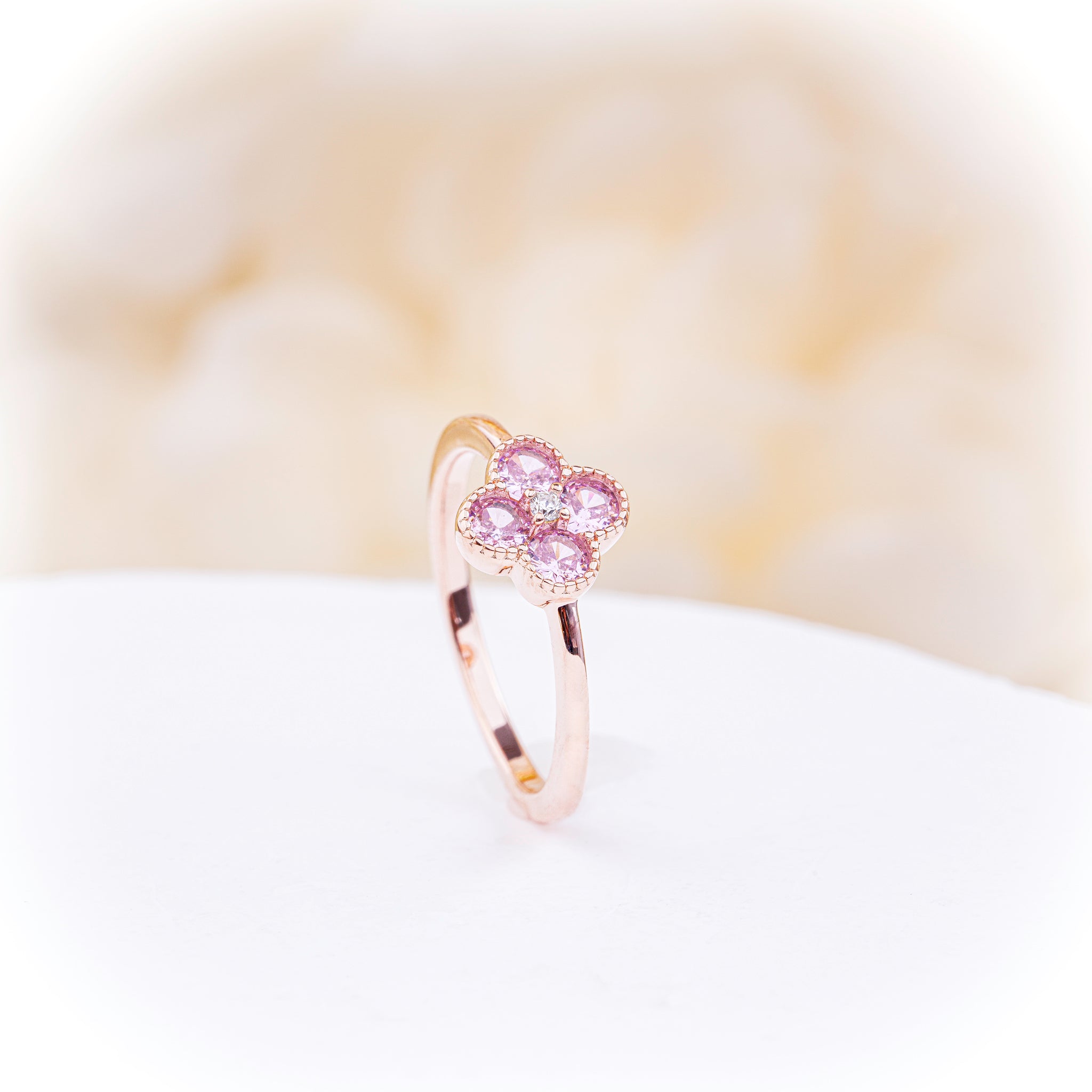 Four-Leaf Clover Ring with Pink Zirconia