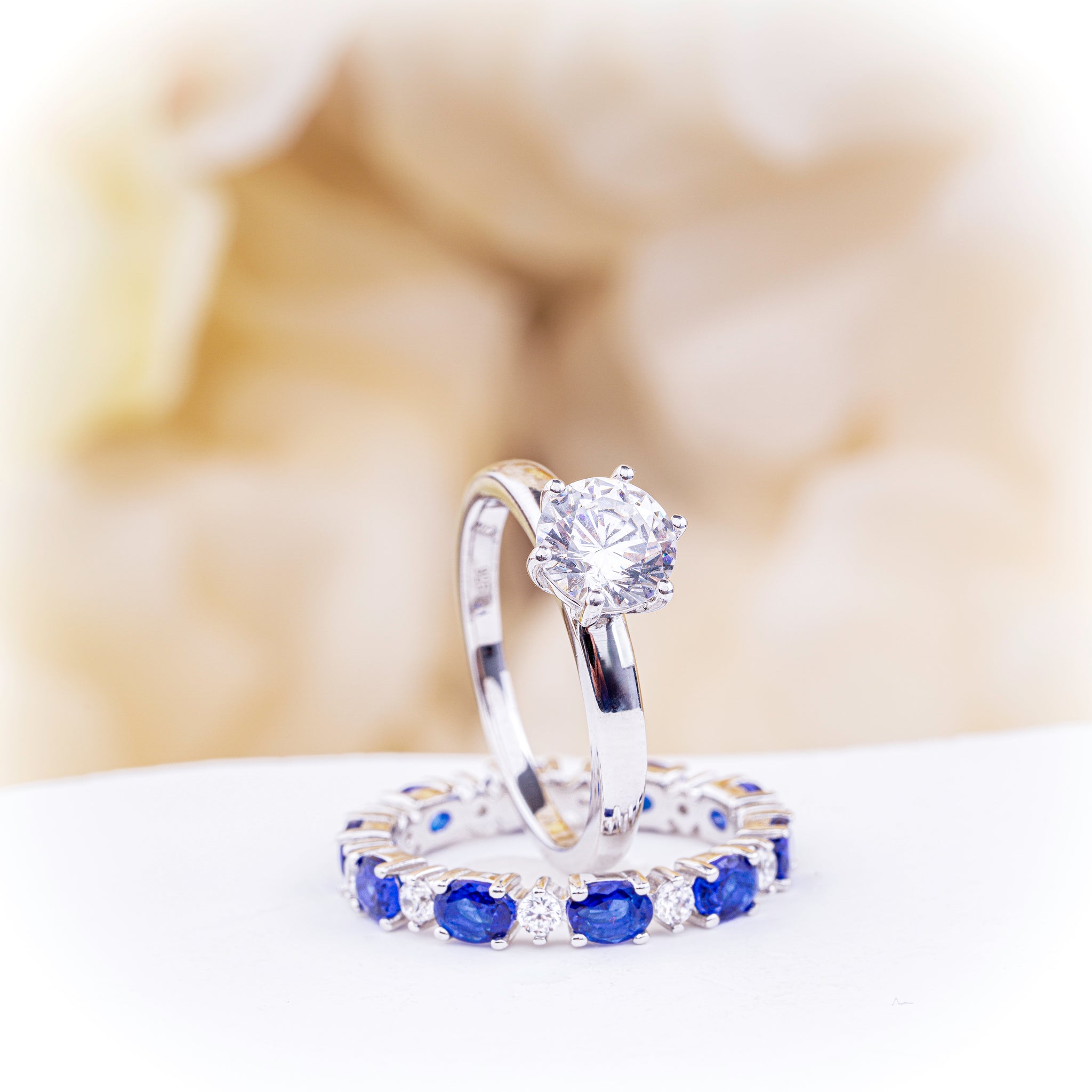 Bridal Set with Round-Cut Zirconia and Sapphire Eternity Band