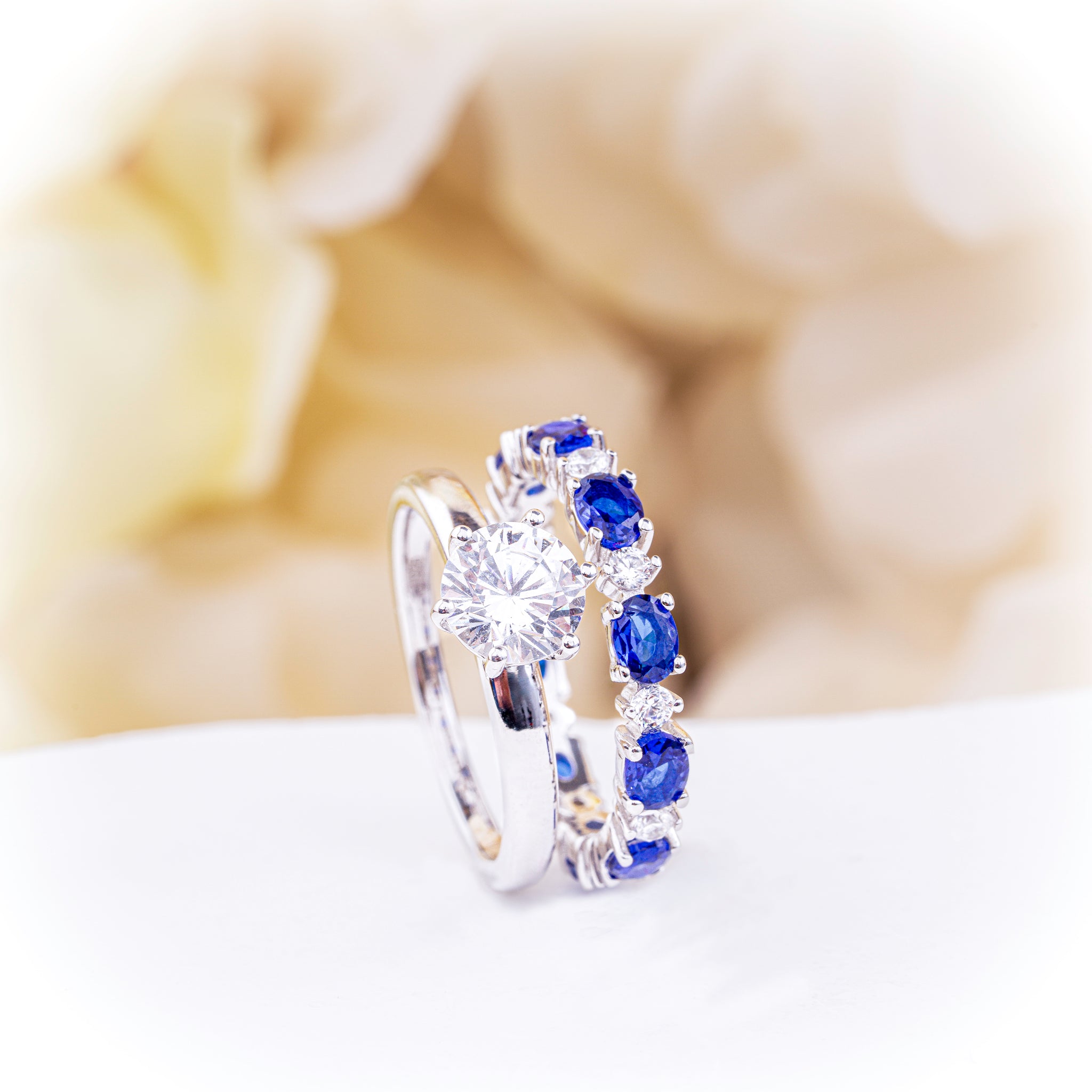 Bridal Set with Round-Cut Zirconia and Sapphire Eternity Band