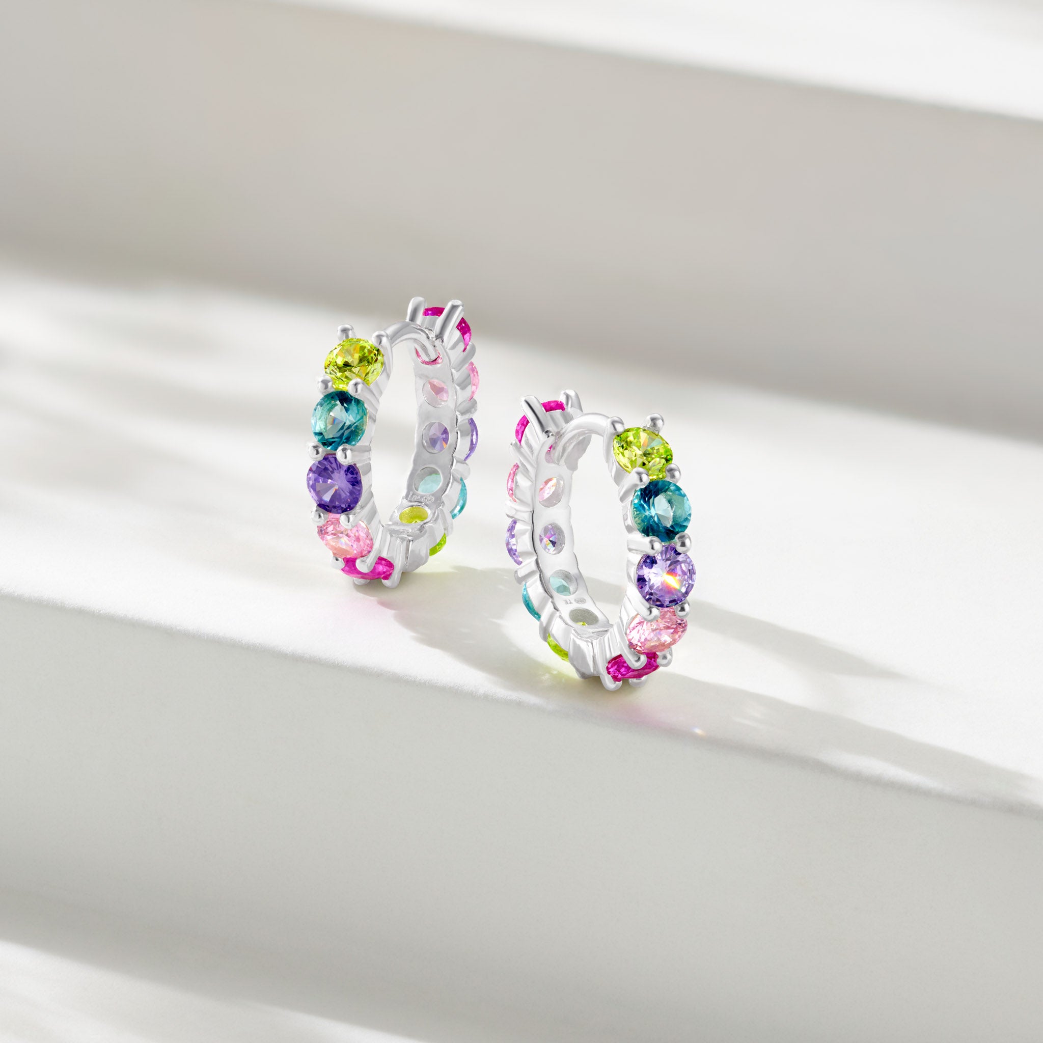 Silver Hoop Earrings with Multicolored Gemstones