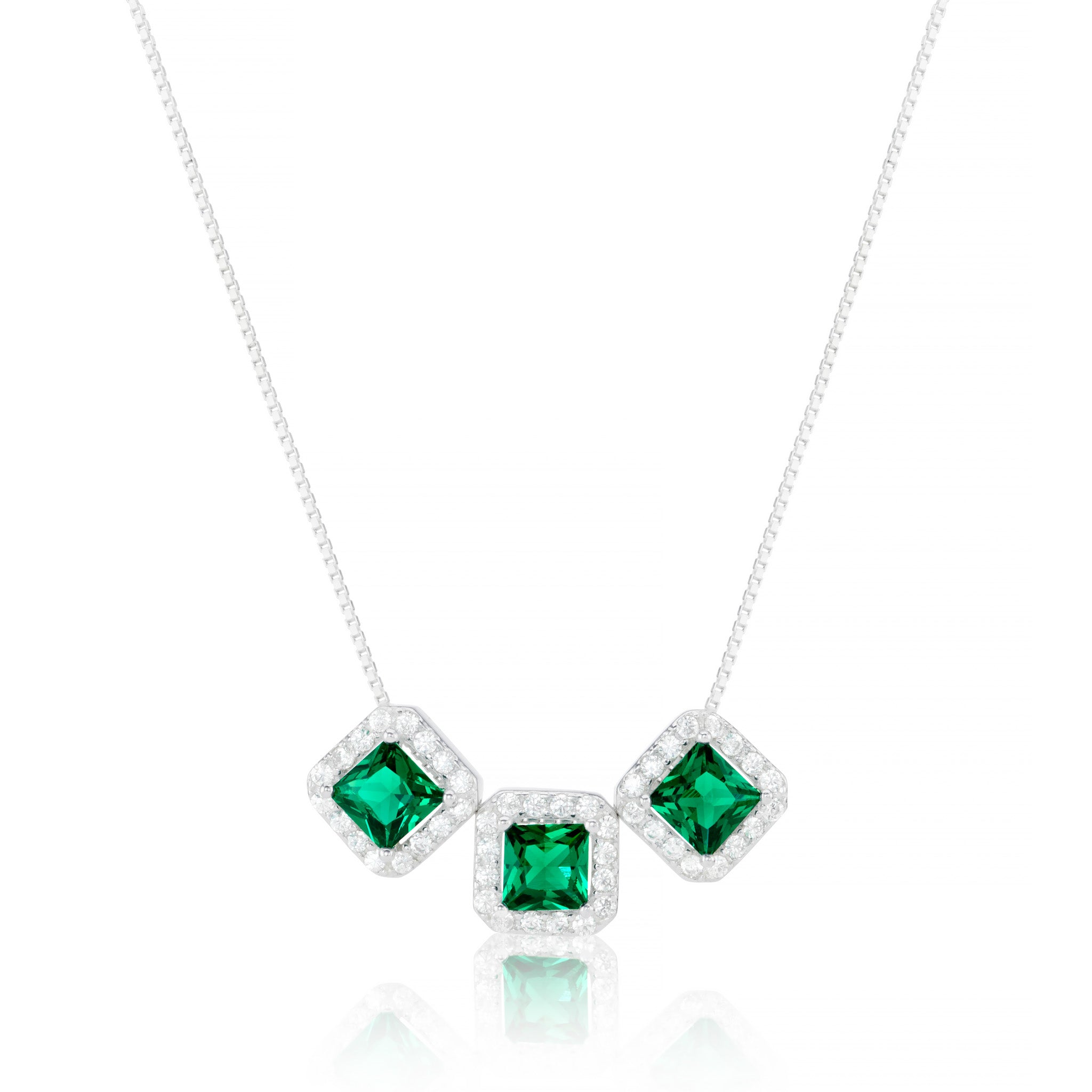 Elegant Trio Gemstone Sterling Silver Necklace with Cubic Zirconia Halo