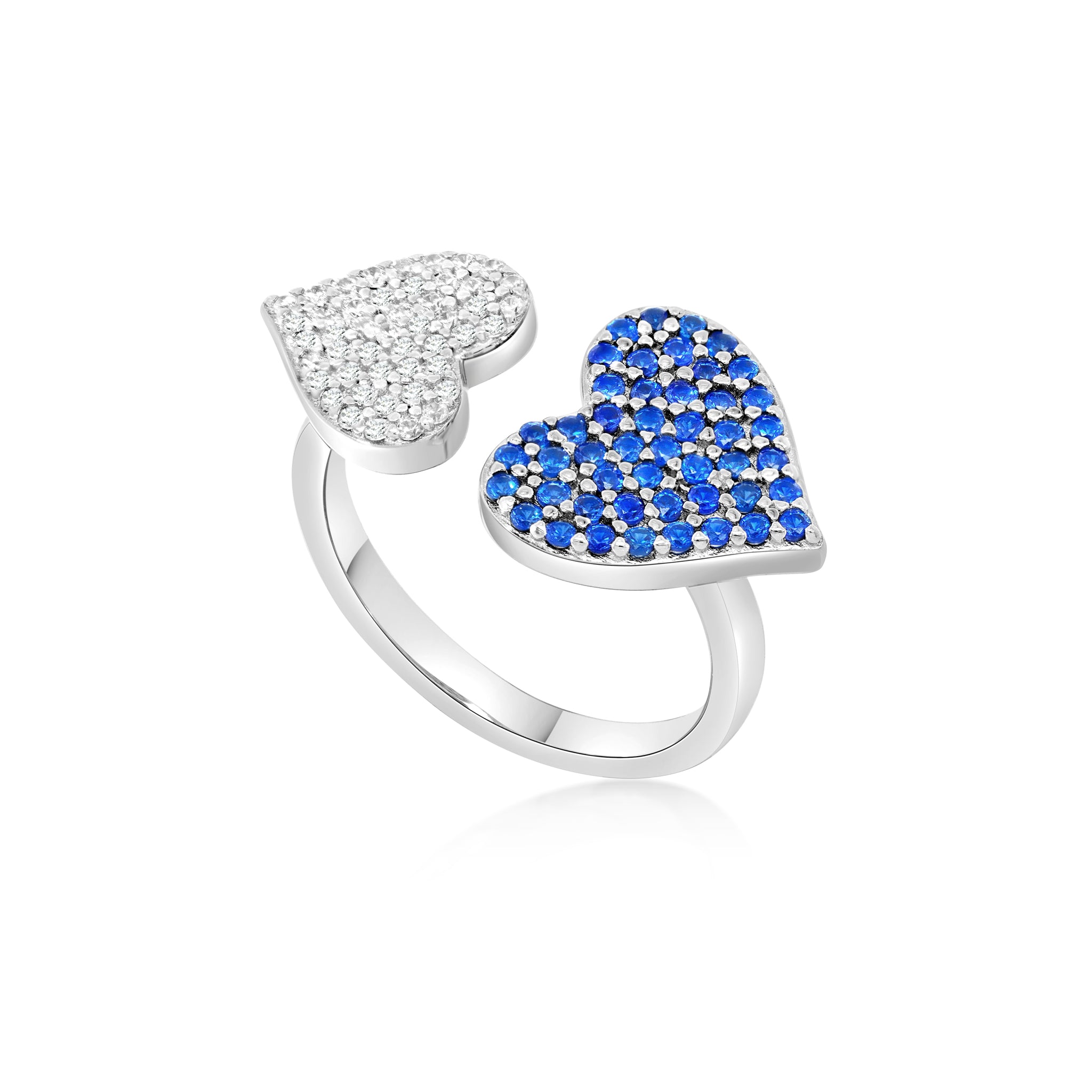 Double Heart Ring with Blue and White Zirconia