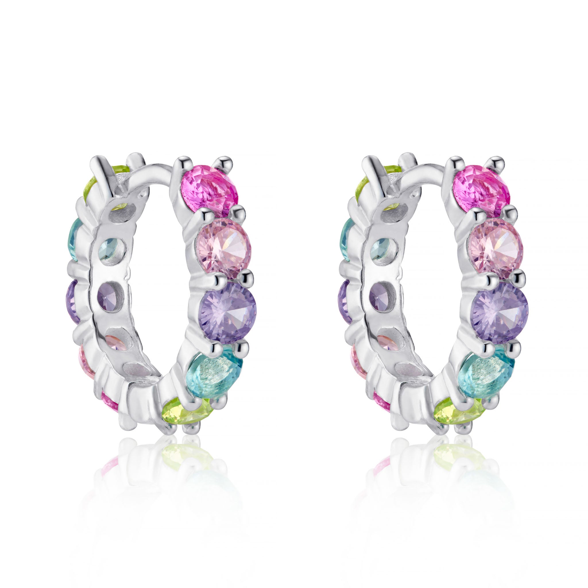 Silver Hoop Earrings with Multicolored Gemstones