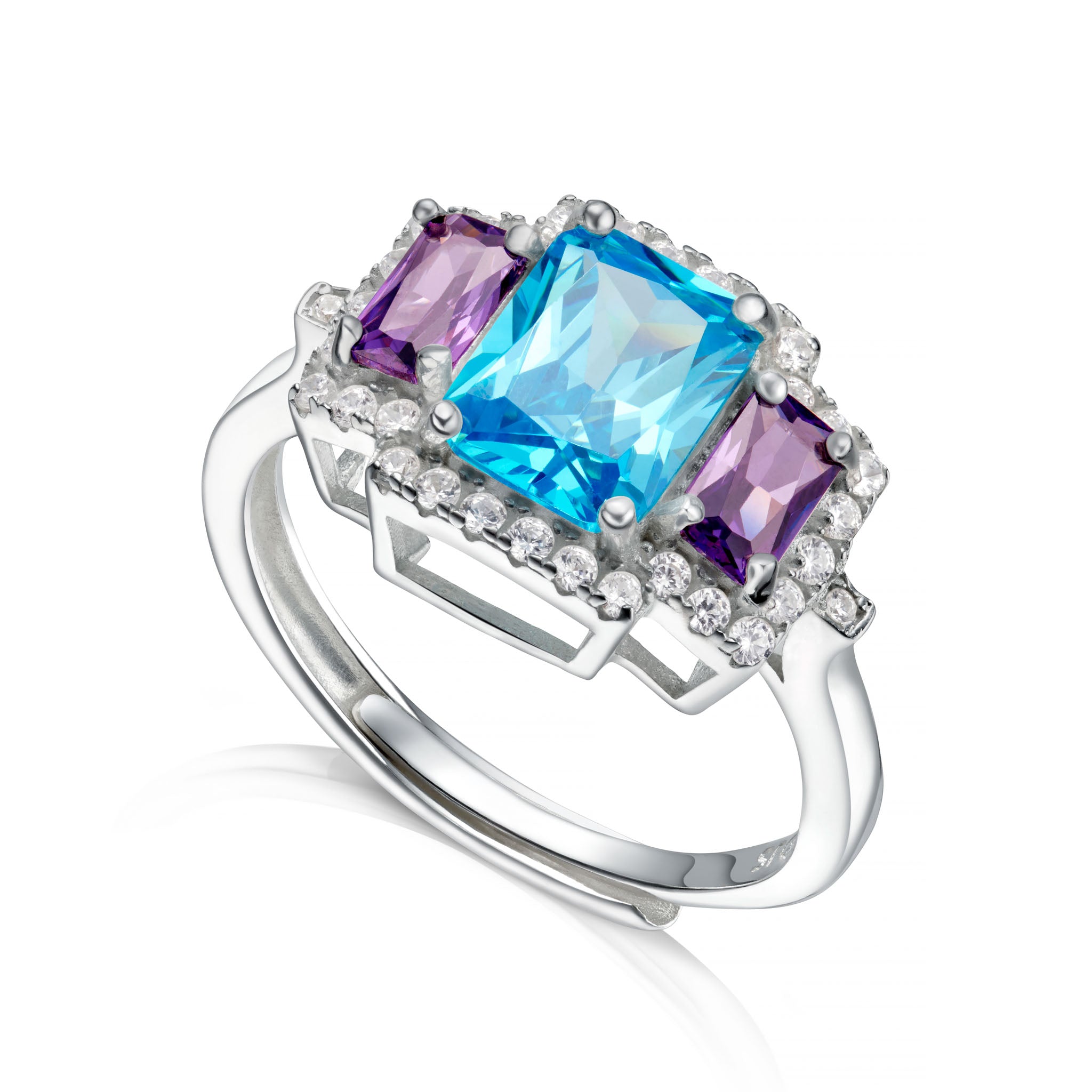 Silver Octagonal Gemstones Ring