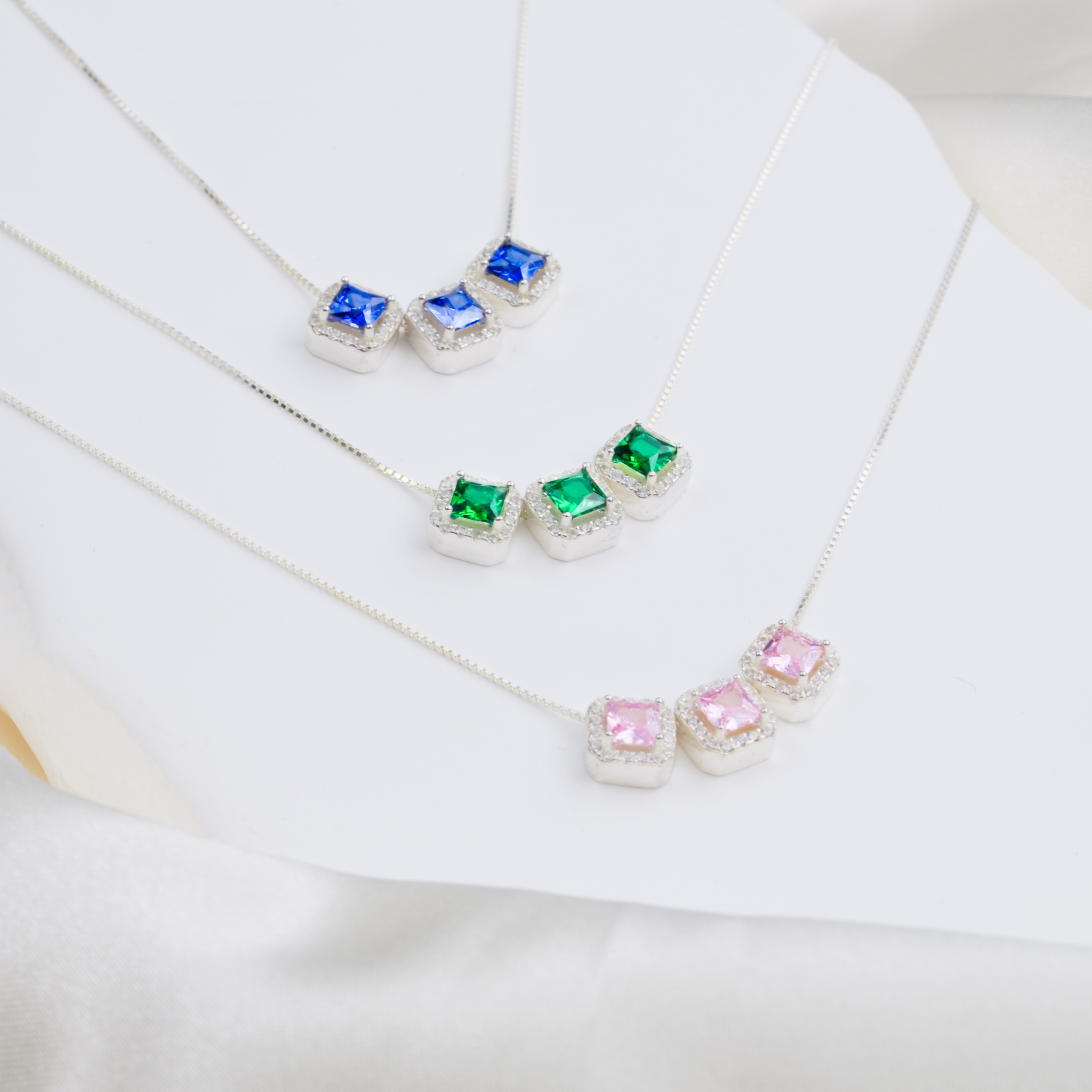 Elegant Trio Gemstone Sterling Silver Necklace with Cubic Zirconia Halo