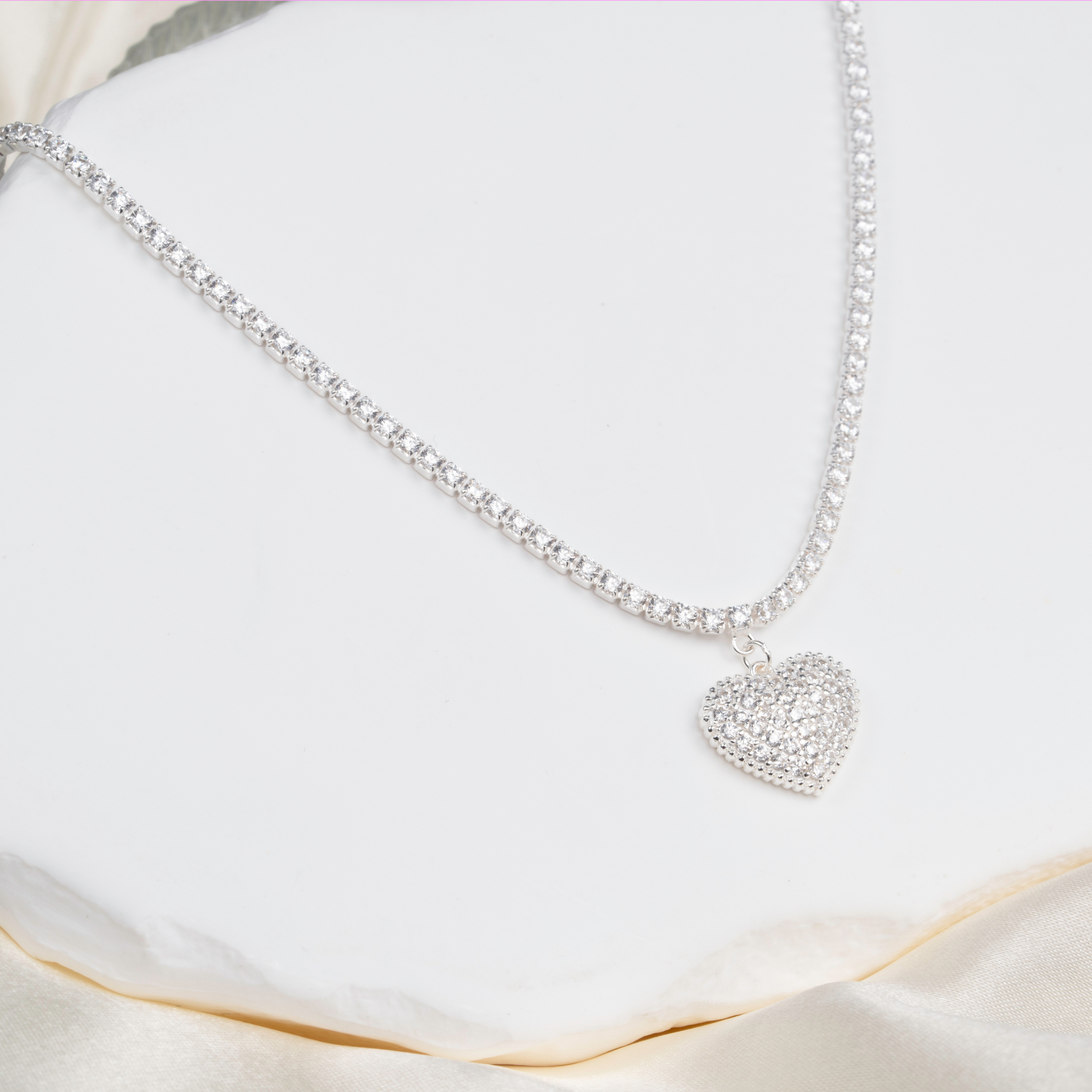 Silver Heart Necklace With Tennis Chain