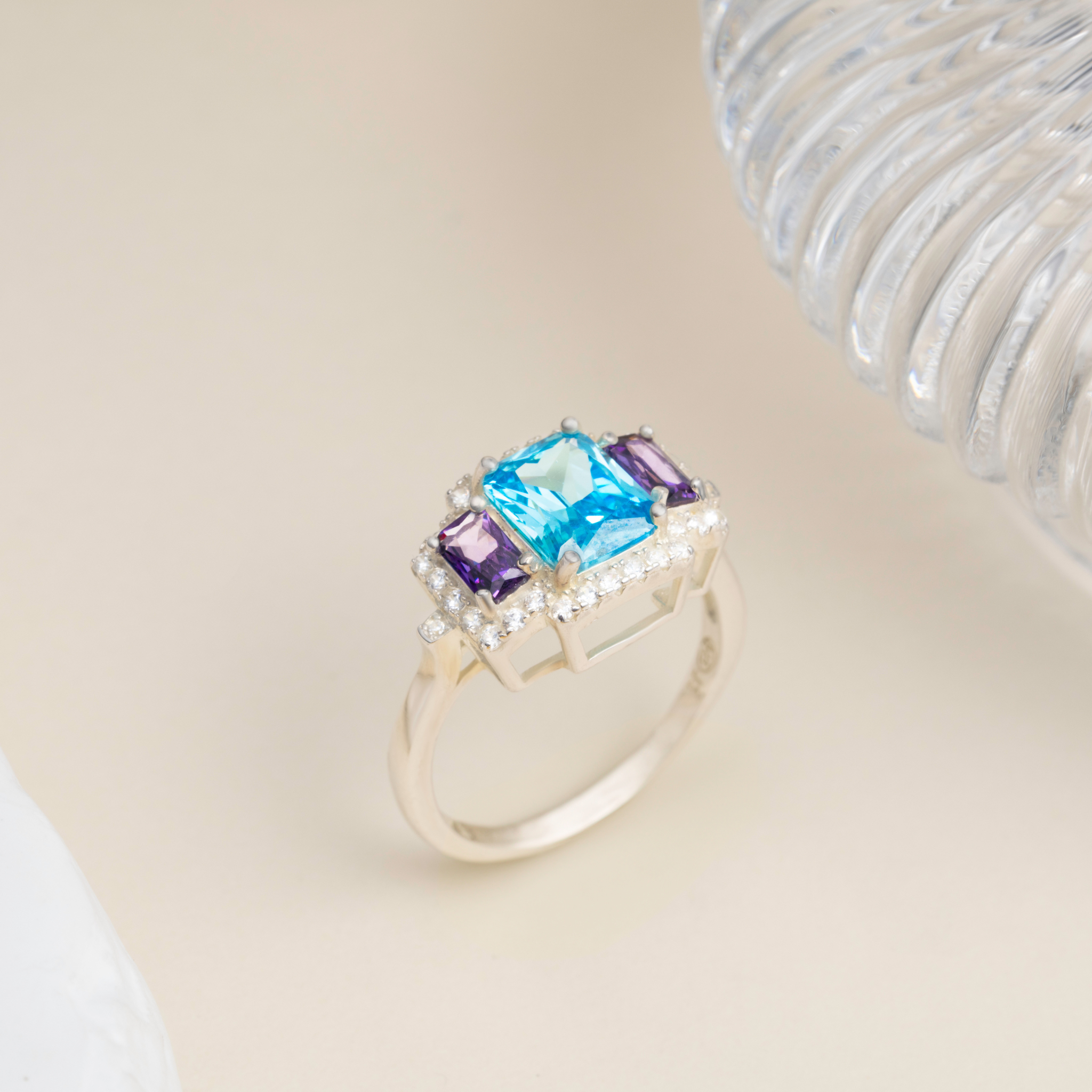 Silver Octagonal Gemstones Ring