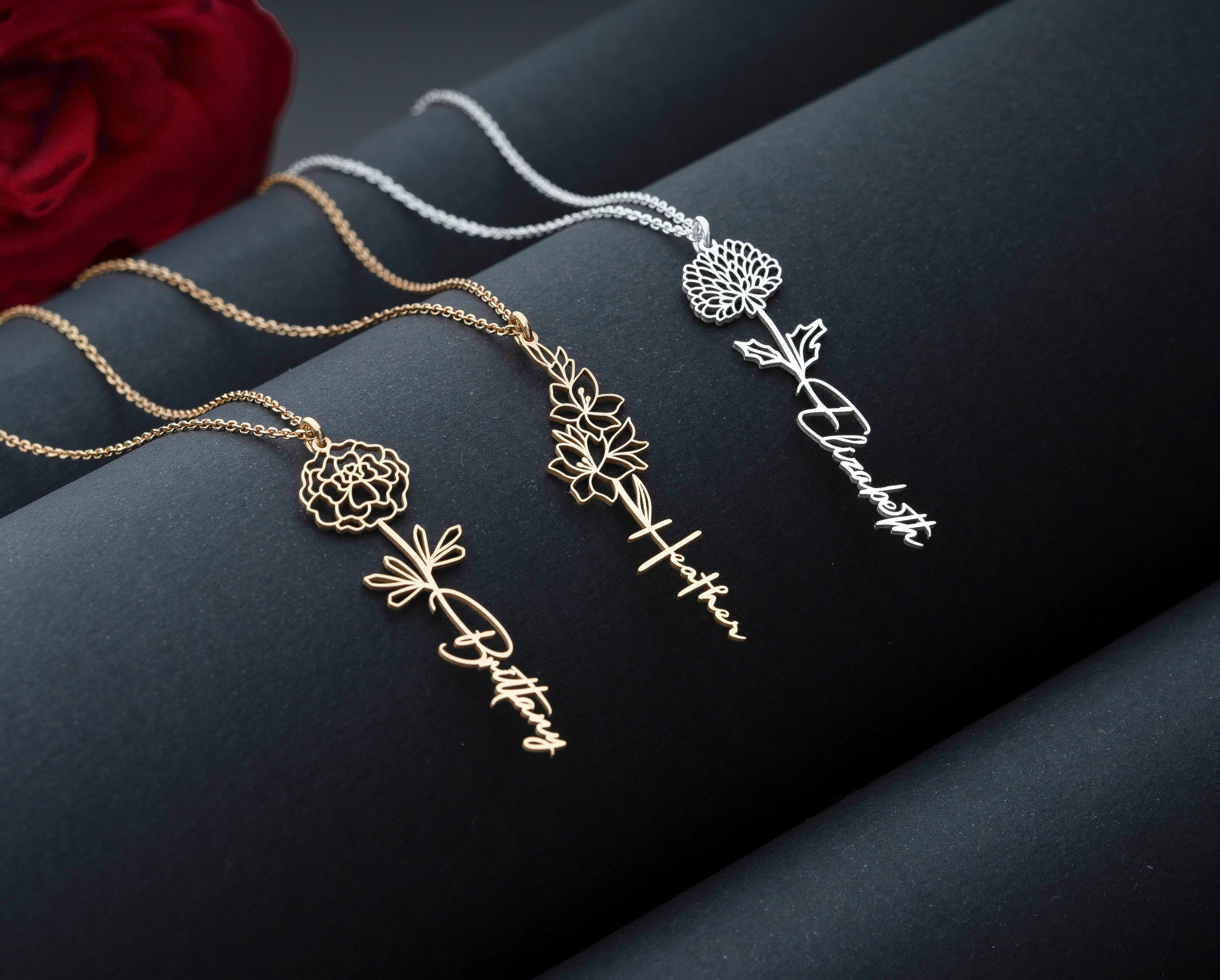 Personalised Birth Flower Name Necklace – Handcrafted in Sterling Silver