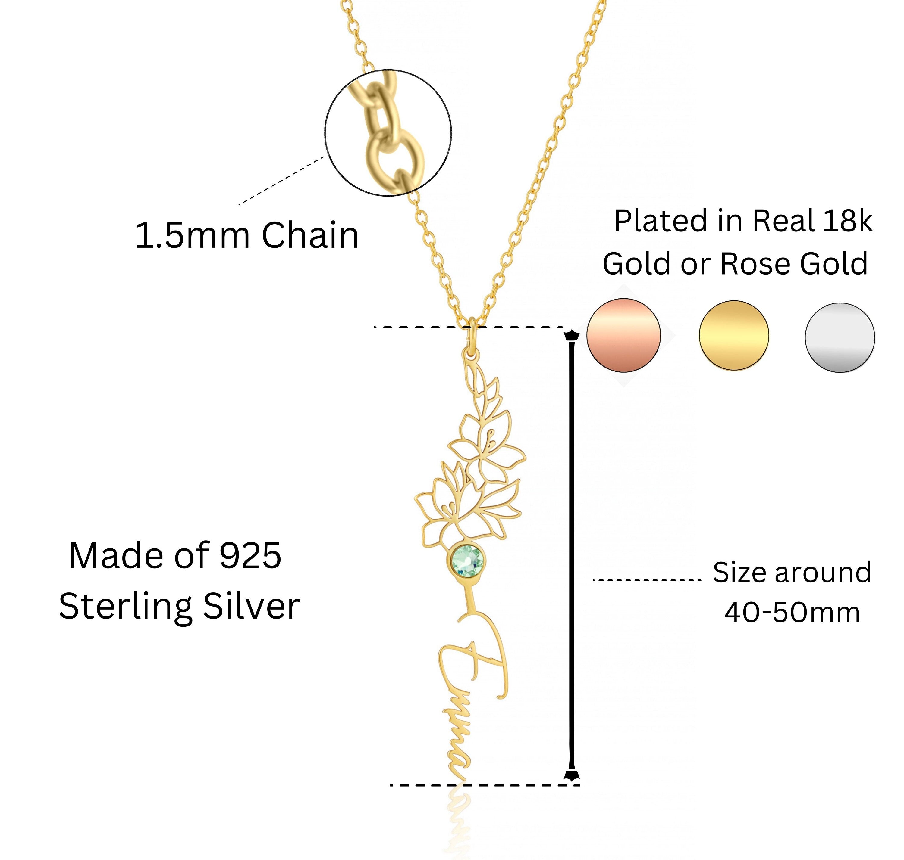 Personalised Birth Flower Name Necklace – Handcrafted in Sterling Silver