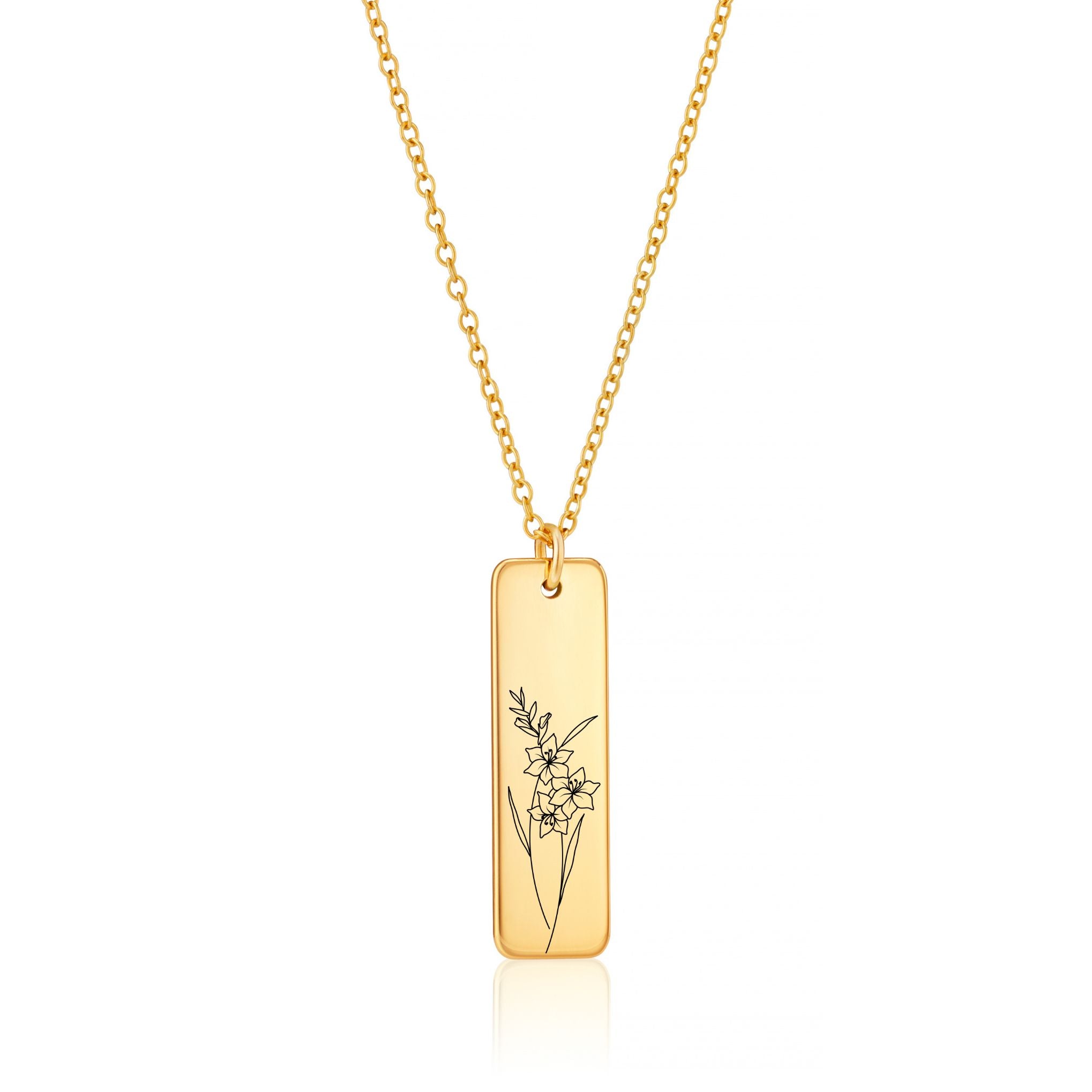 Personalised Birth Flower Engraved Bar Necklace