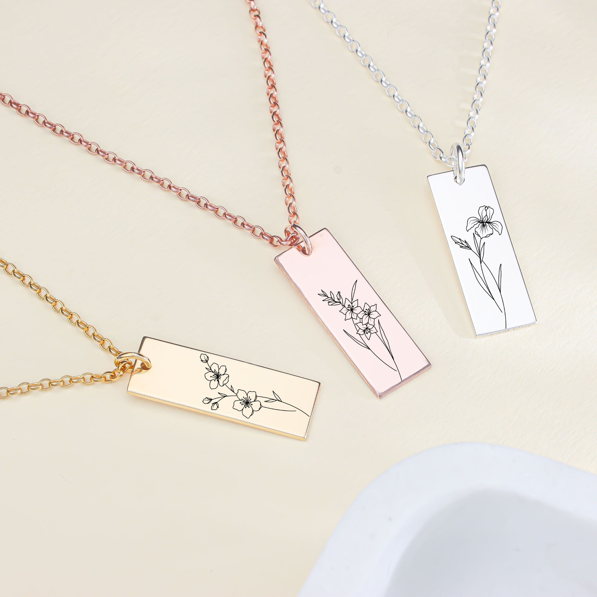 Personalised Birth Flower Engraved Bar Necklace