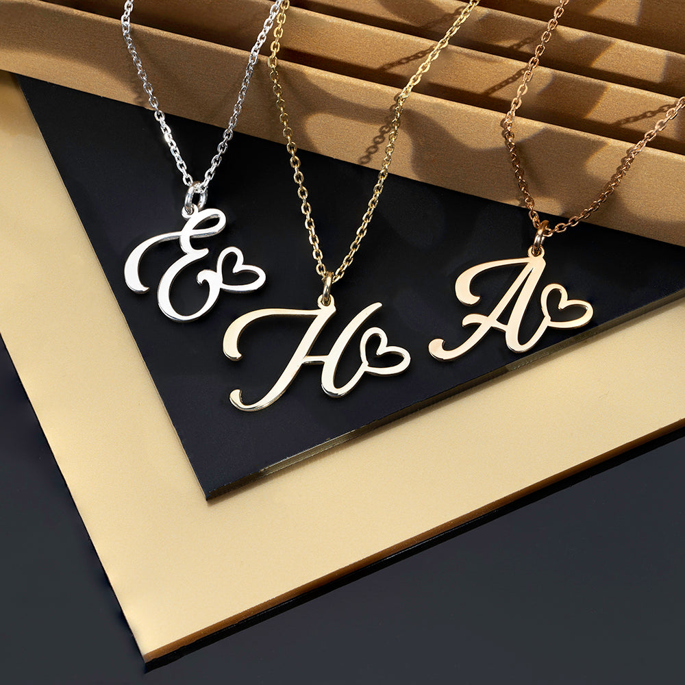 Cursive Initial With Heart Necklace - ZNAJEWELS