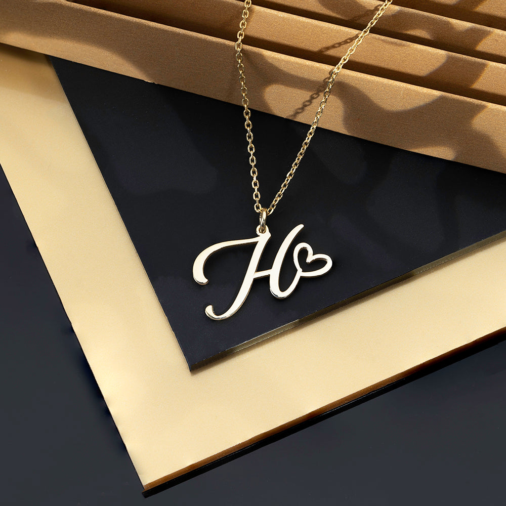 Cursive Initial With Heart Necklace - ZNAJEWELS